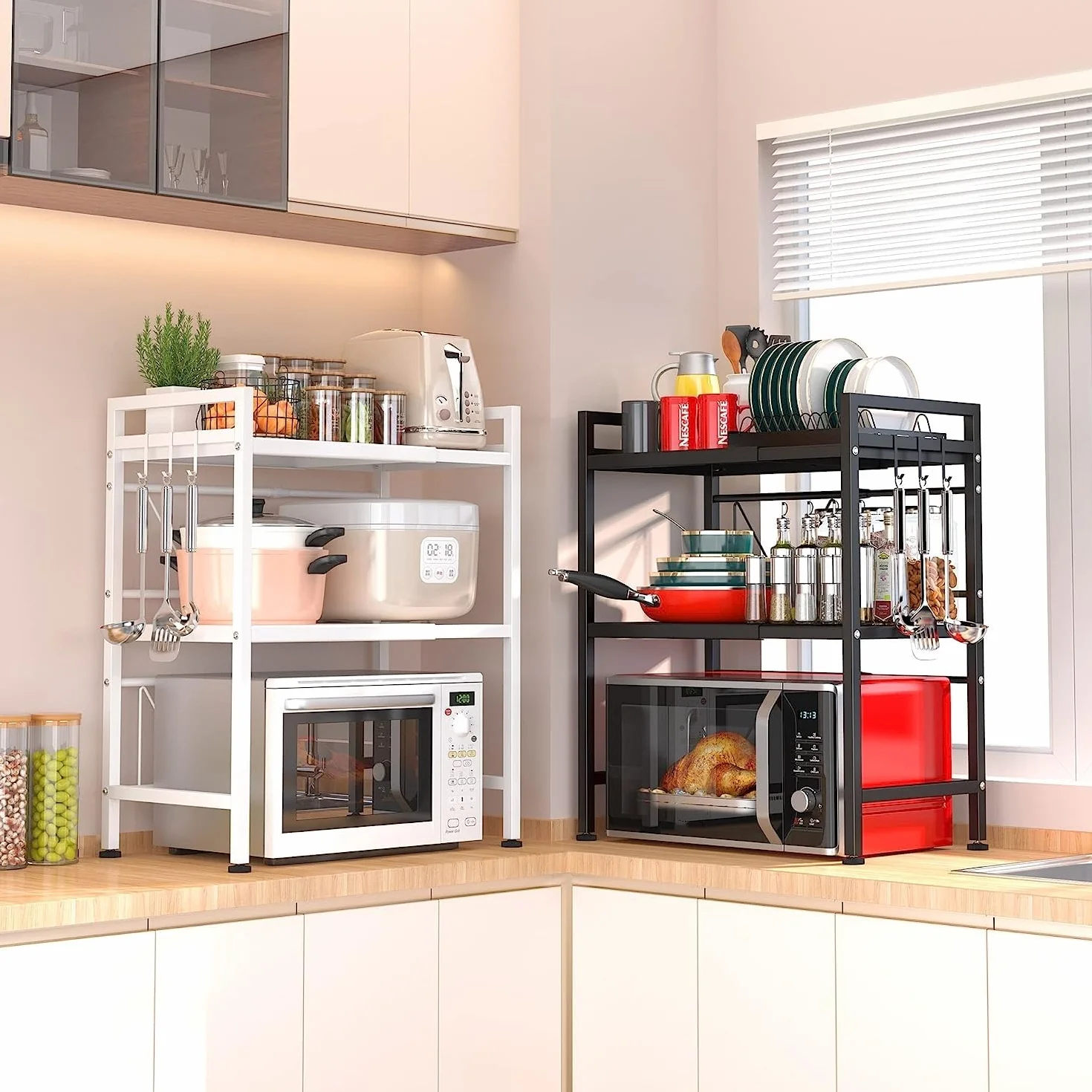 Soporte Extensible para Horno de Microondas, Estante para Horno de Microondas Ajustable, Rejilla para encimera de Cocina Organizador Estanteria Mueble con 6 Ganchos (3 Niveles, Negro)
