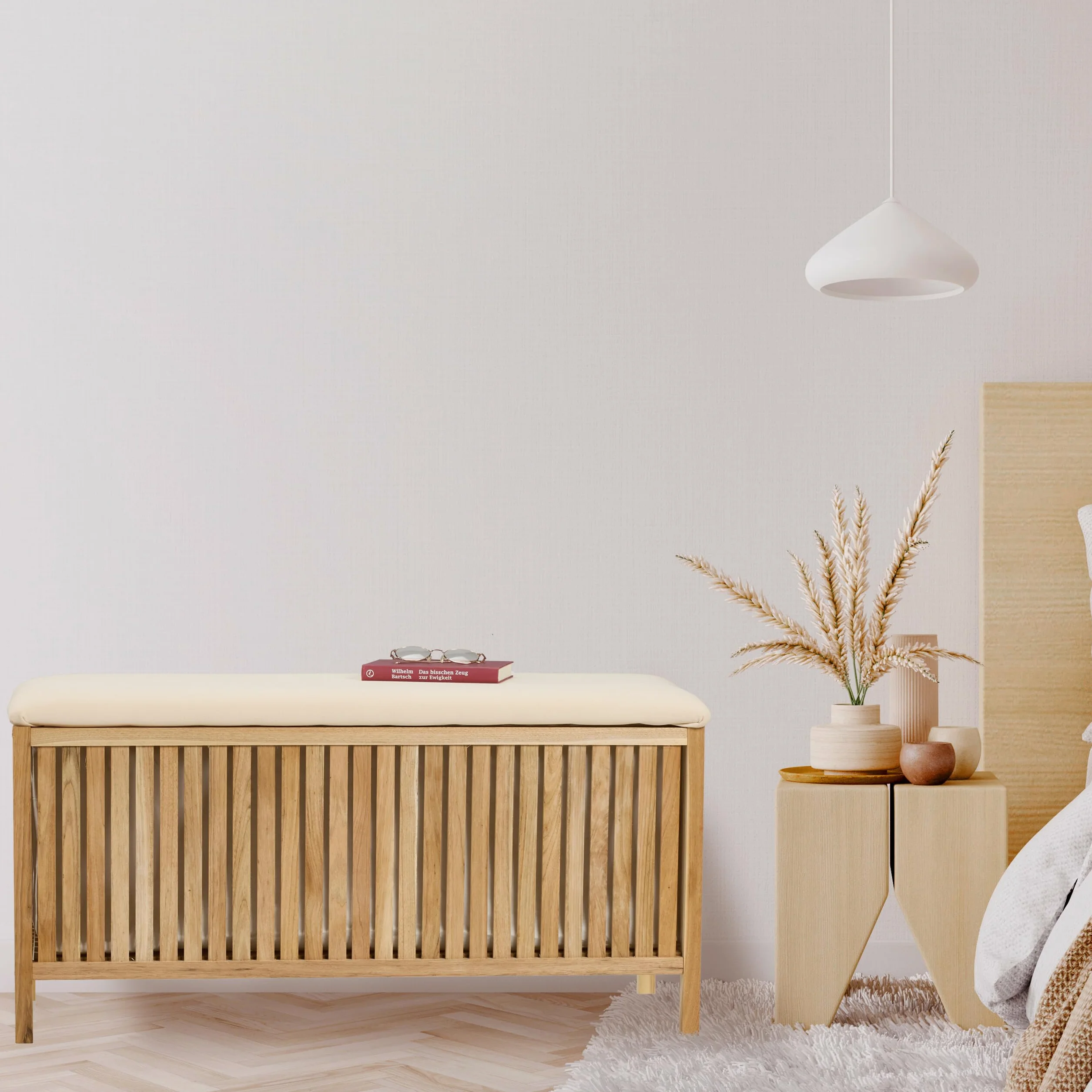 Relaxdays Arcón para Ropa Sucia con Asiento, Baúl para Colada, 100 L, 50 x 100 x 38 cm, Madera y Tela, Natural y Blanco, Poliéster, Algodón