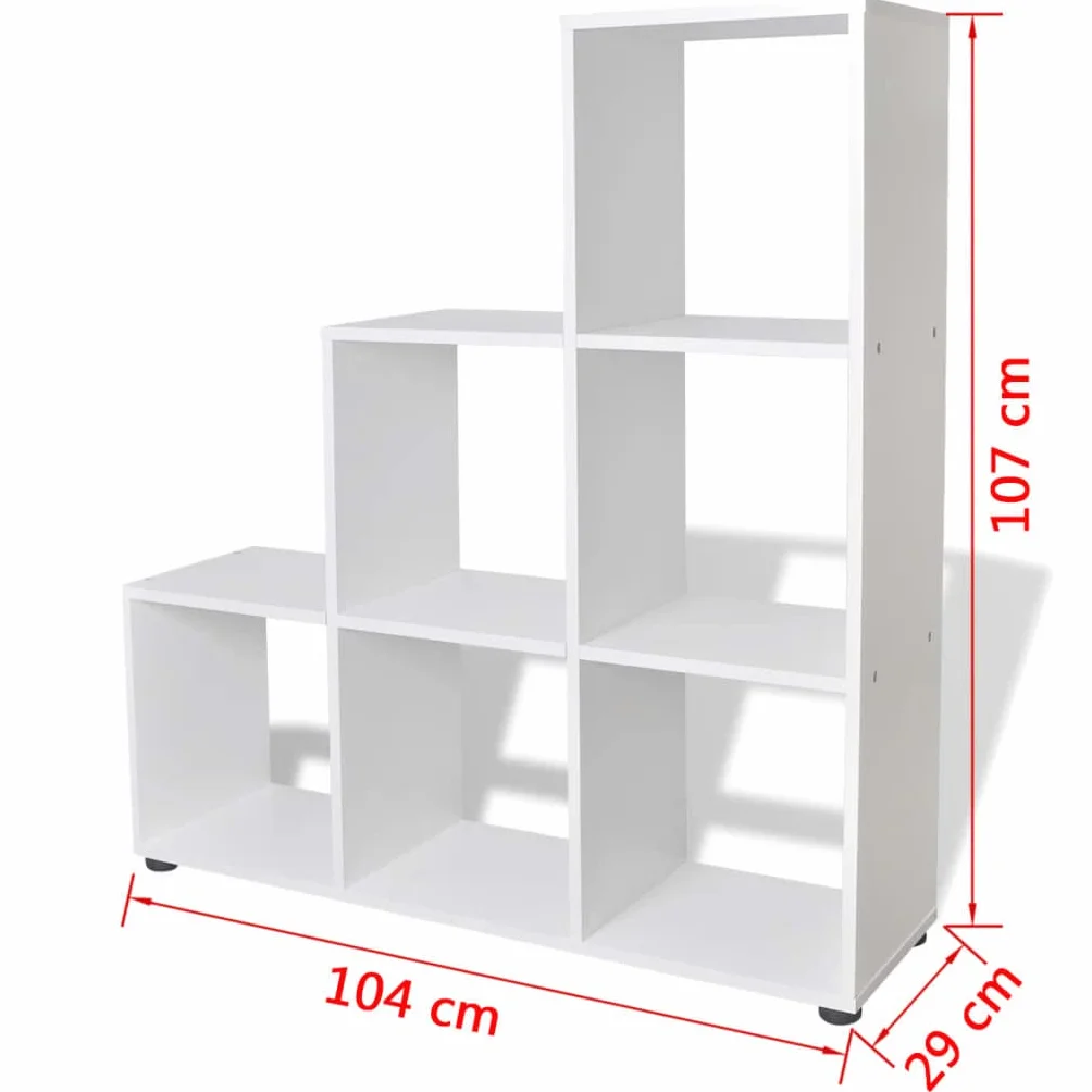 Estantería de 6 estantes para libros en forma de escalón, para salón, con revestimiento de melamina, 104 x 29 x 107 cm, color blanco