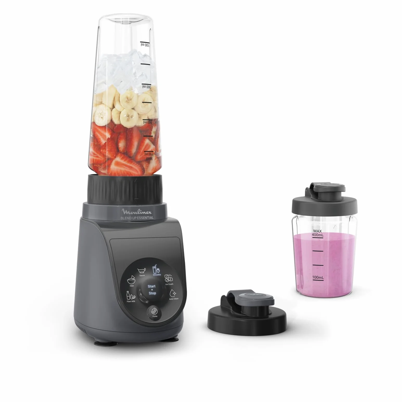 Moulinex Blend Up Essential, Batidora de vaso, 800 W, 6 Programas automáticos, 2 Botellas con tapa para llevar, Cuchillas Powelix, Color Gris, LM1EHBF0