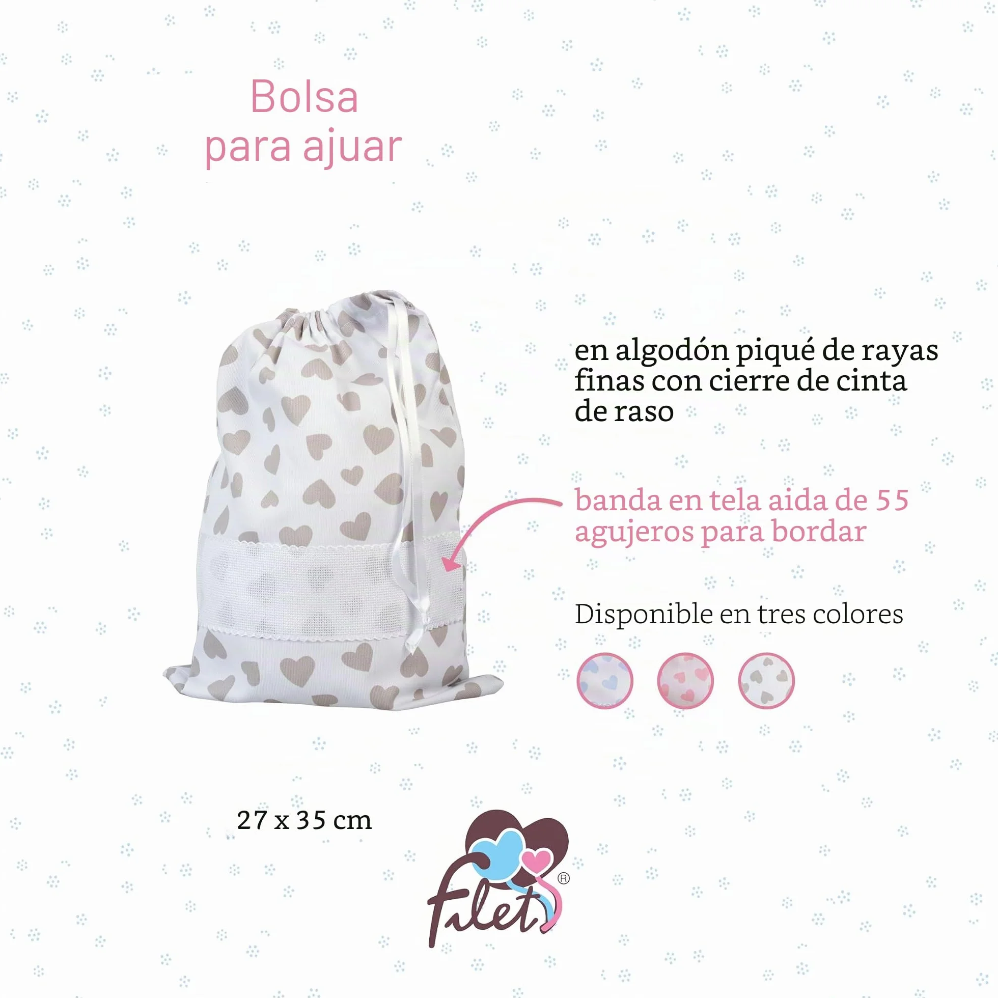 Filet - Bolso De Canastilla Bebé con Cierre De Cordón para Bordar, Fabricada en algodón Piquet Estampado, Fabricada en Italia, Fantasía Corazones Beige, Moderno