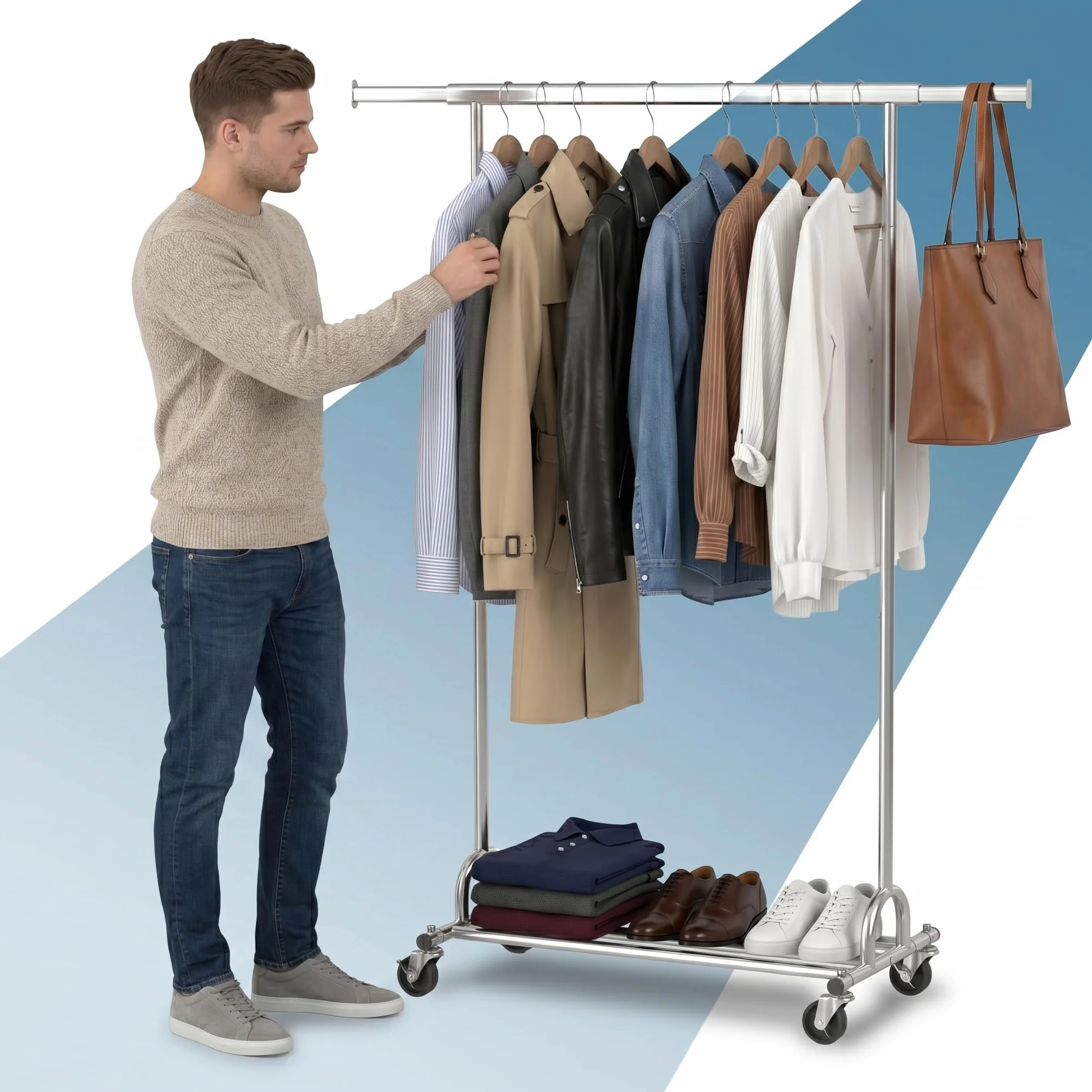 PORTENTUM Perchero burro ropa resistente extensible con ruedas y frenos – hasta 180 kg de carga – Organizador ropa de acero de 45 x (92-132) x 161,5 cm – Percheros de pie con almacenaje inferior
