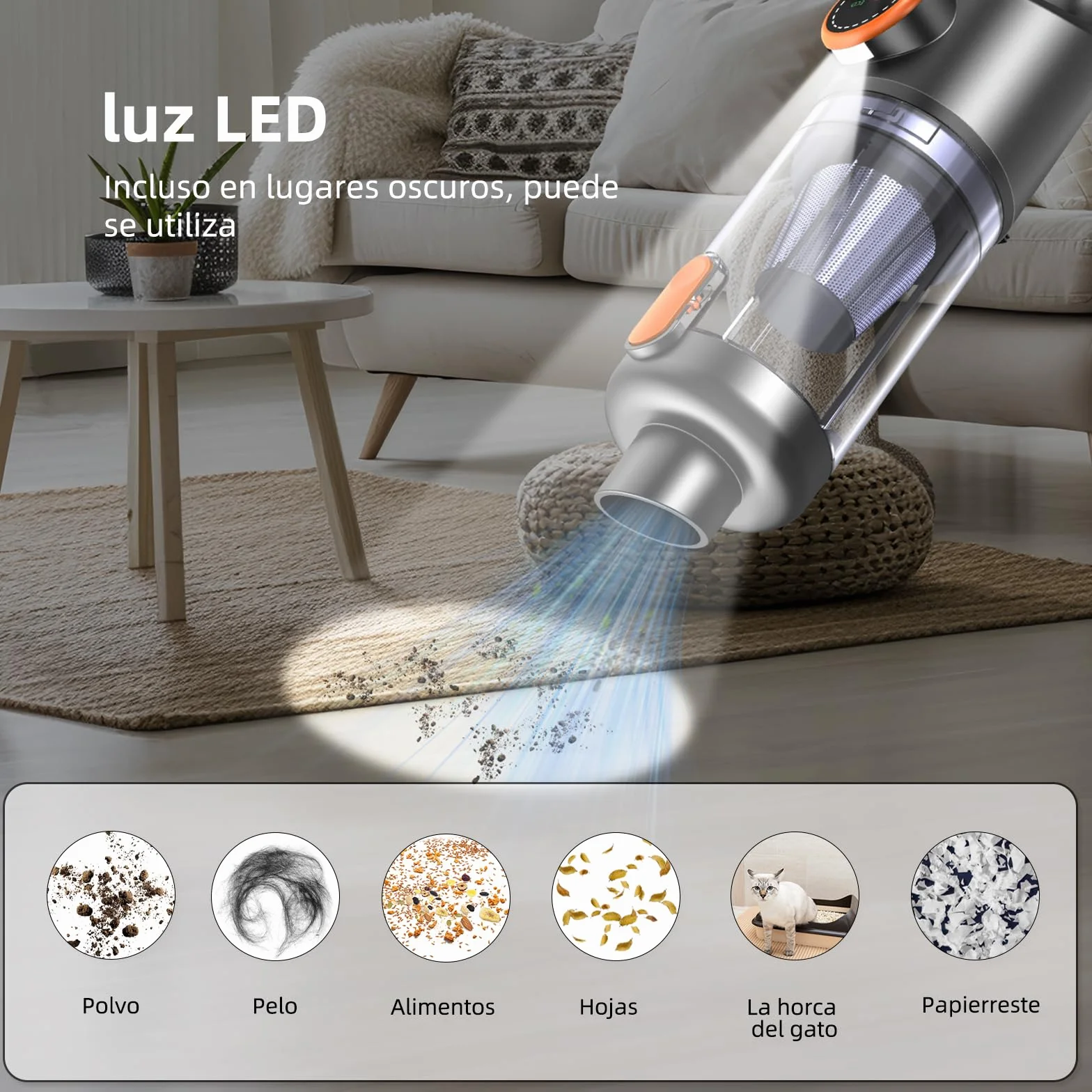 Aspirador de Mano 26000Pa 4-en-1 Sin Cable Motor Sin Escobillas Pantalla HD Iluminación LED Naranja