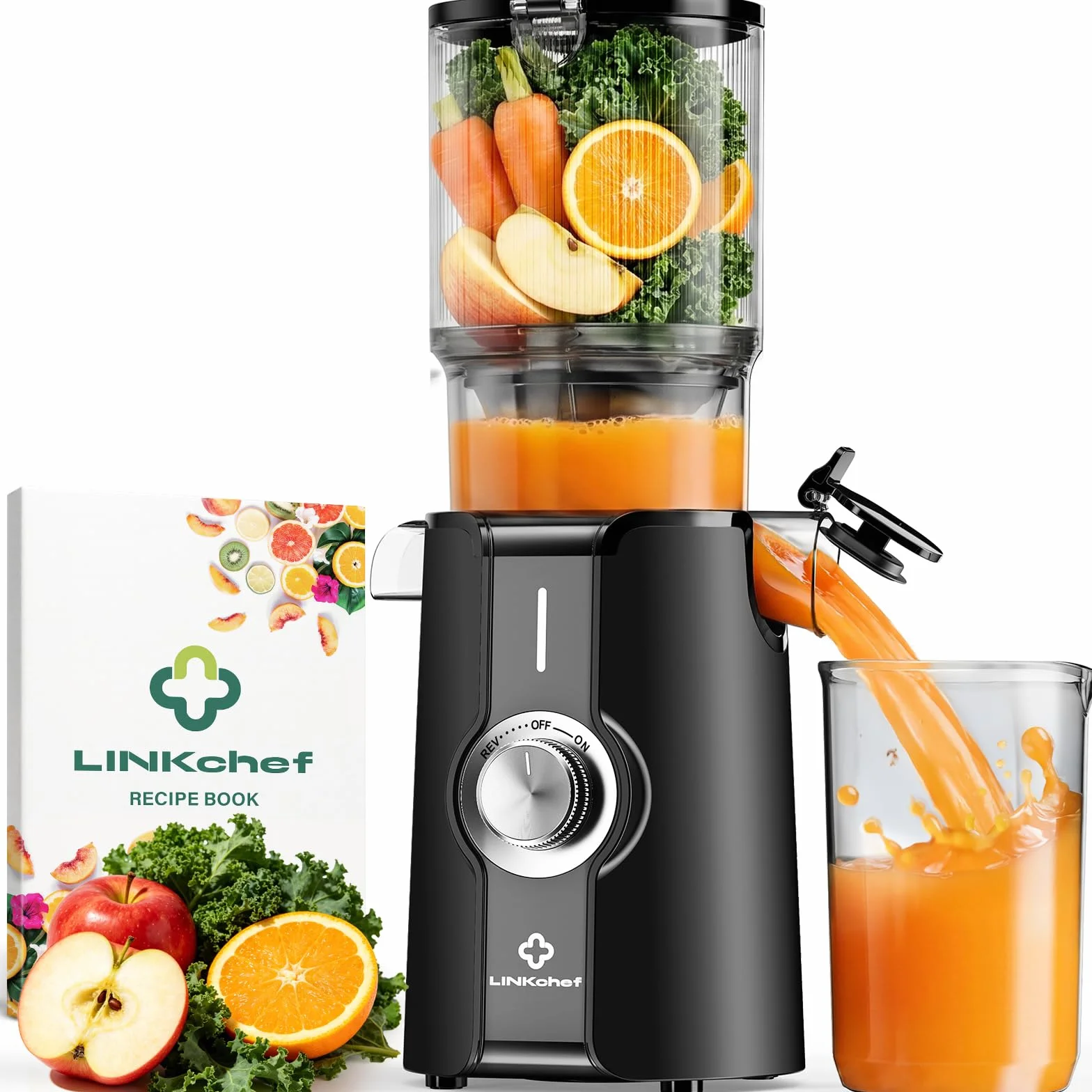LINKChef Slow Juicer 200W Boca Ancha 115mm Prensado en Frío Sin BPA Negro