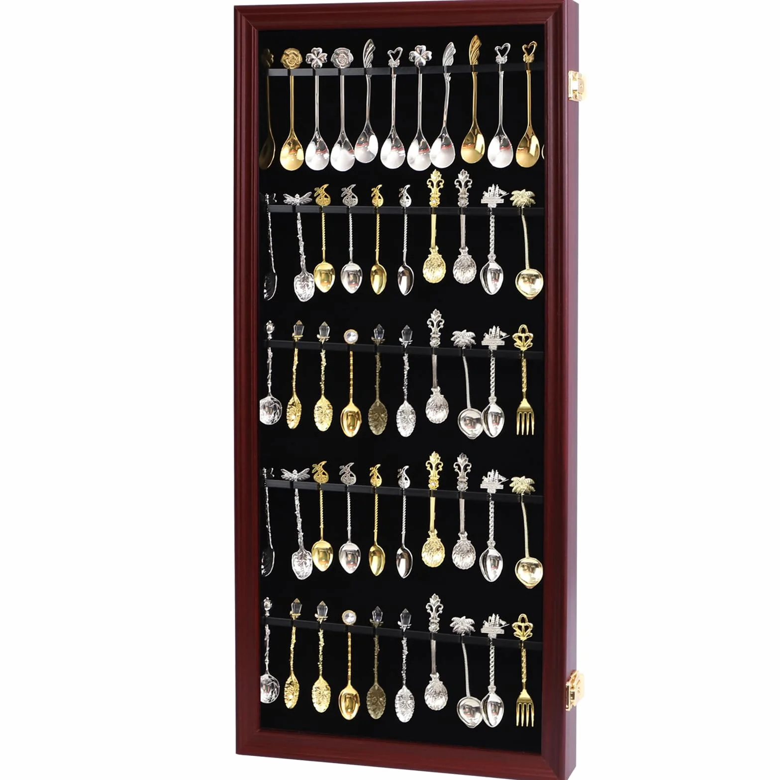 Expositor de 60 cucharas de té de recuerdo, colección de coleccionistas, soporte de pared de madera con 98% acrílico UV con cerradura (60 cucharas, cereza)