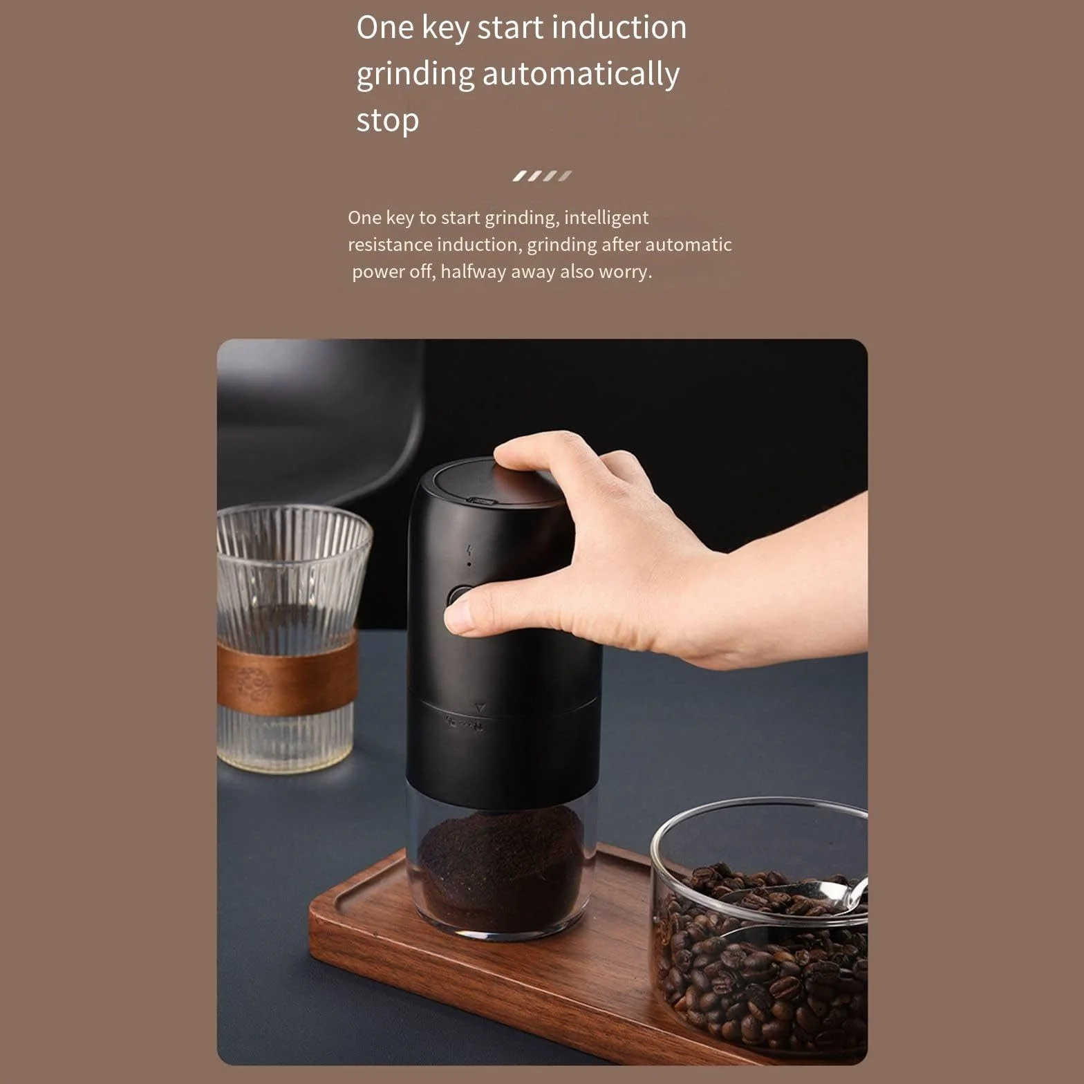 Molinillo de café eléctrico portátil con un solo botón, cabezal de molienda de cerámica ajustable para granos gruesos y finos
