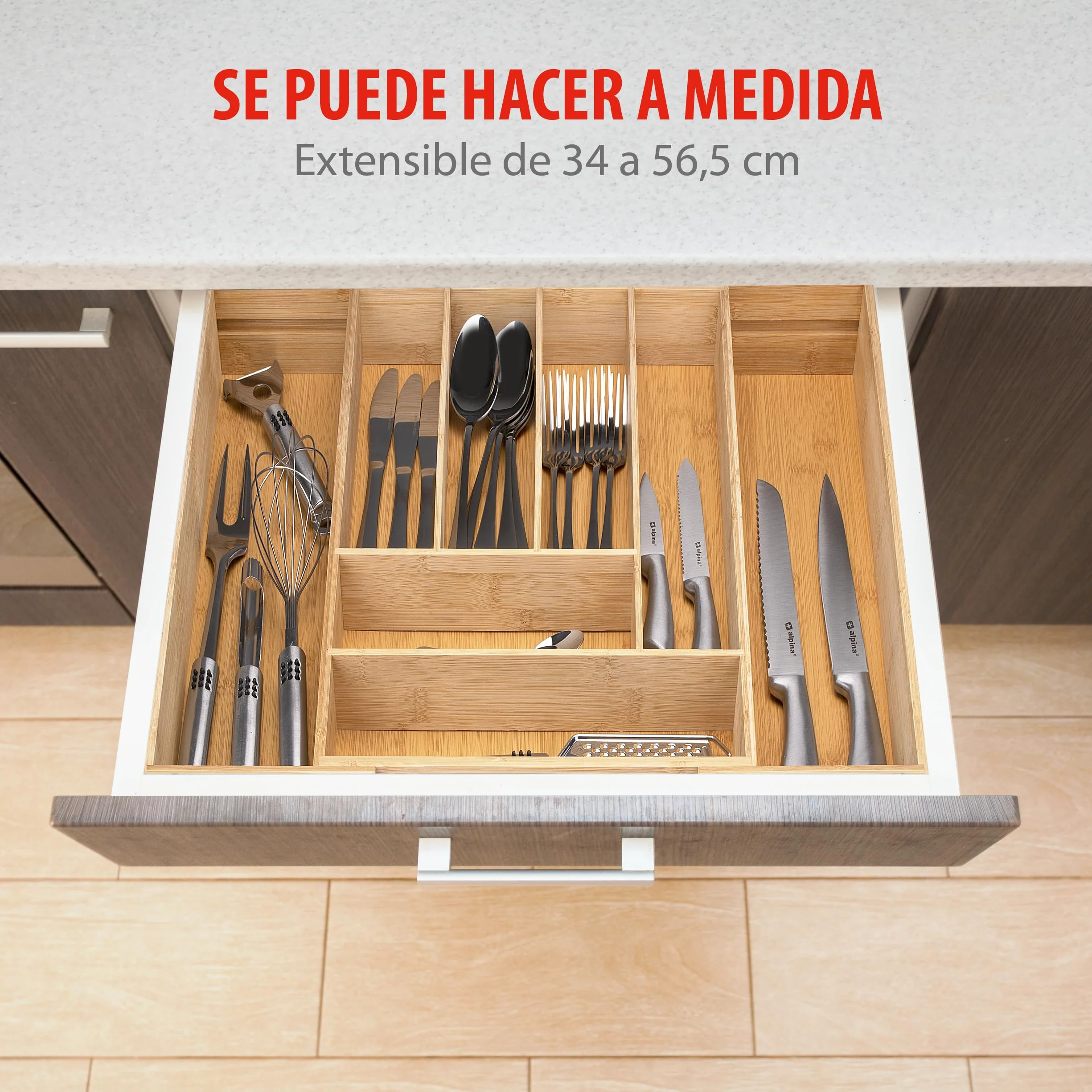 Organizador Cajones Alpina Extensible 46x34-56,5x6 cm 8 Compartimentos Bambú
