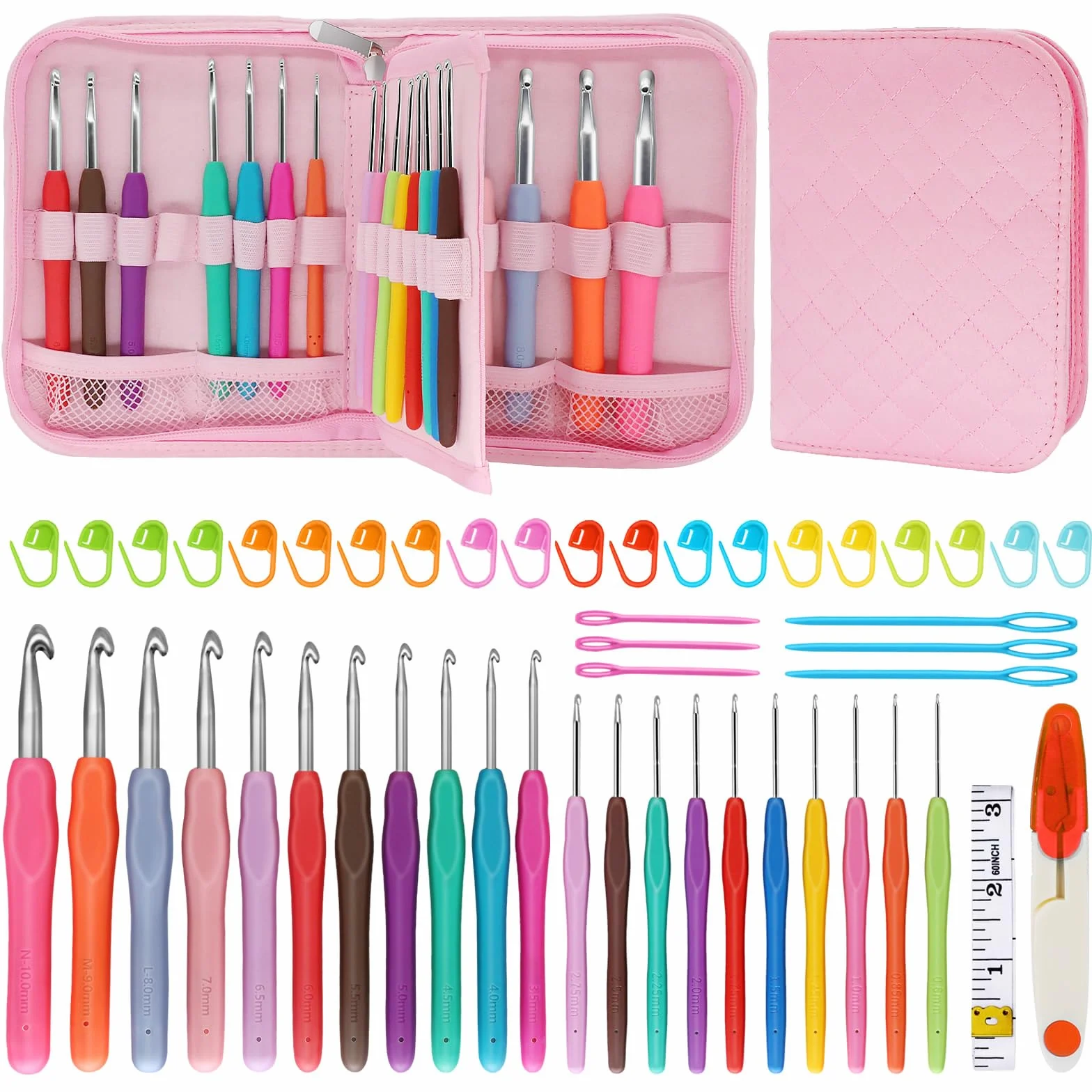 Blingcute Juego de 50 ganchos ergonómicos de ganchillo (0.6 mm-8.0 mm), ganchos de ganchillo para manos artríticas con accesorios de ganchillo, kit de agujas de ganchillo de metal con bolsa rosa para