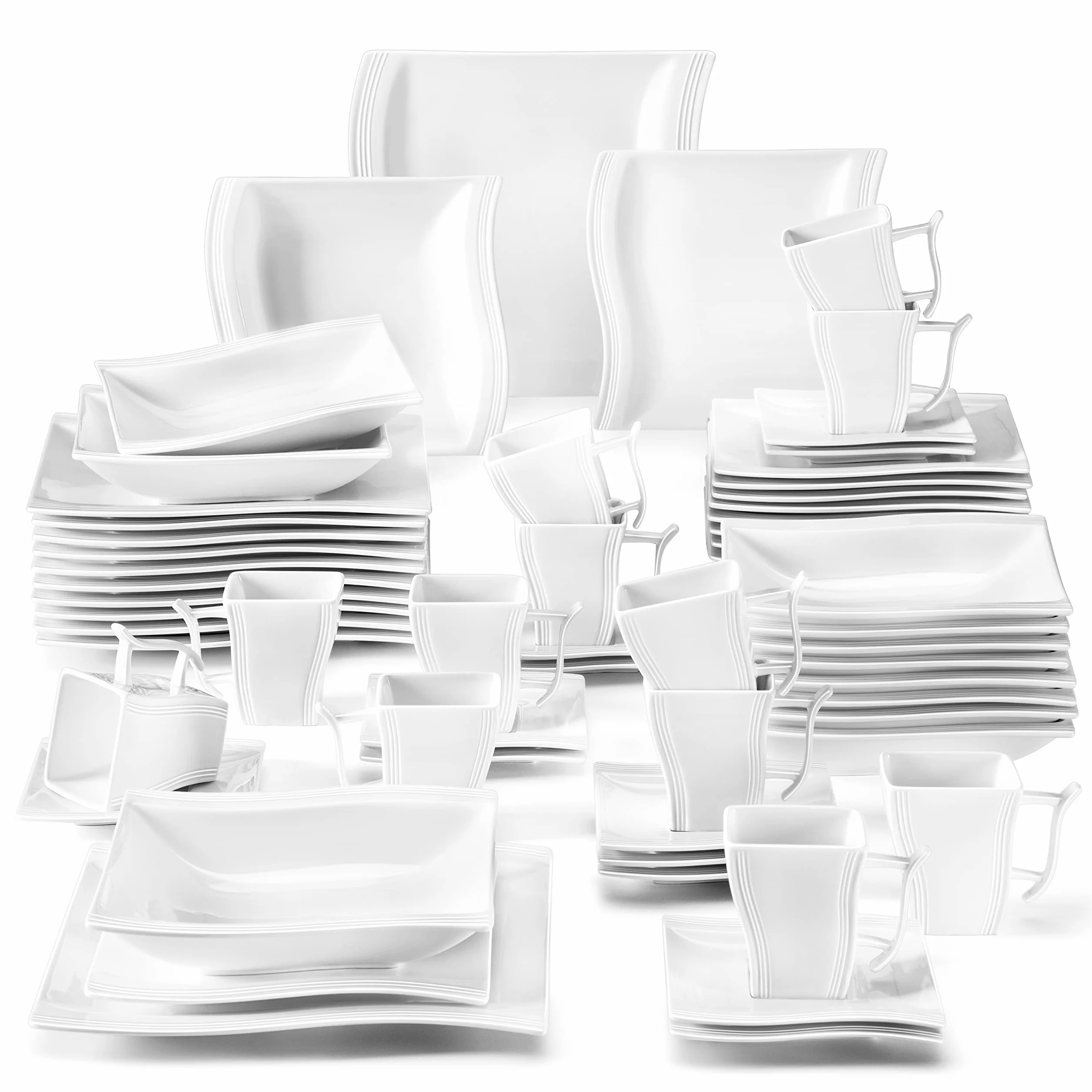MALACASA Vajilla de Porcelana de 60 Piezas para 12 Personas, con 12 Tazas, 12 Platillos, 12 Platos Llanos, 12 Platos de Postre y 12 Platos Hondos, Serie FLORA