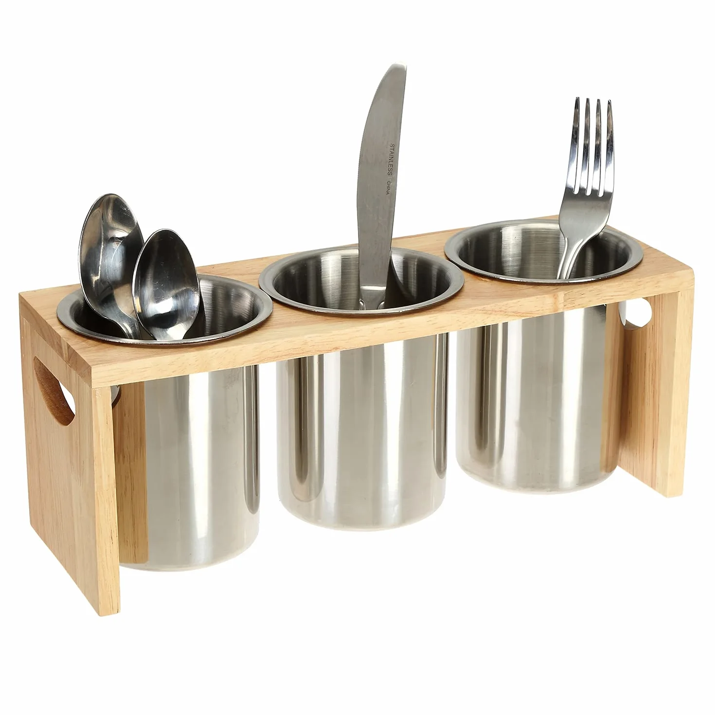 ZOOFOX Paquete de 3 soportes para cubiertos, organizador de utensilios de acero inoxidable con base de madera, organizador de cubiertos para cucharas, cuchillos y tenedores, ideal para mesa de cocina,