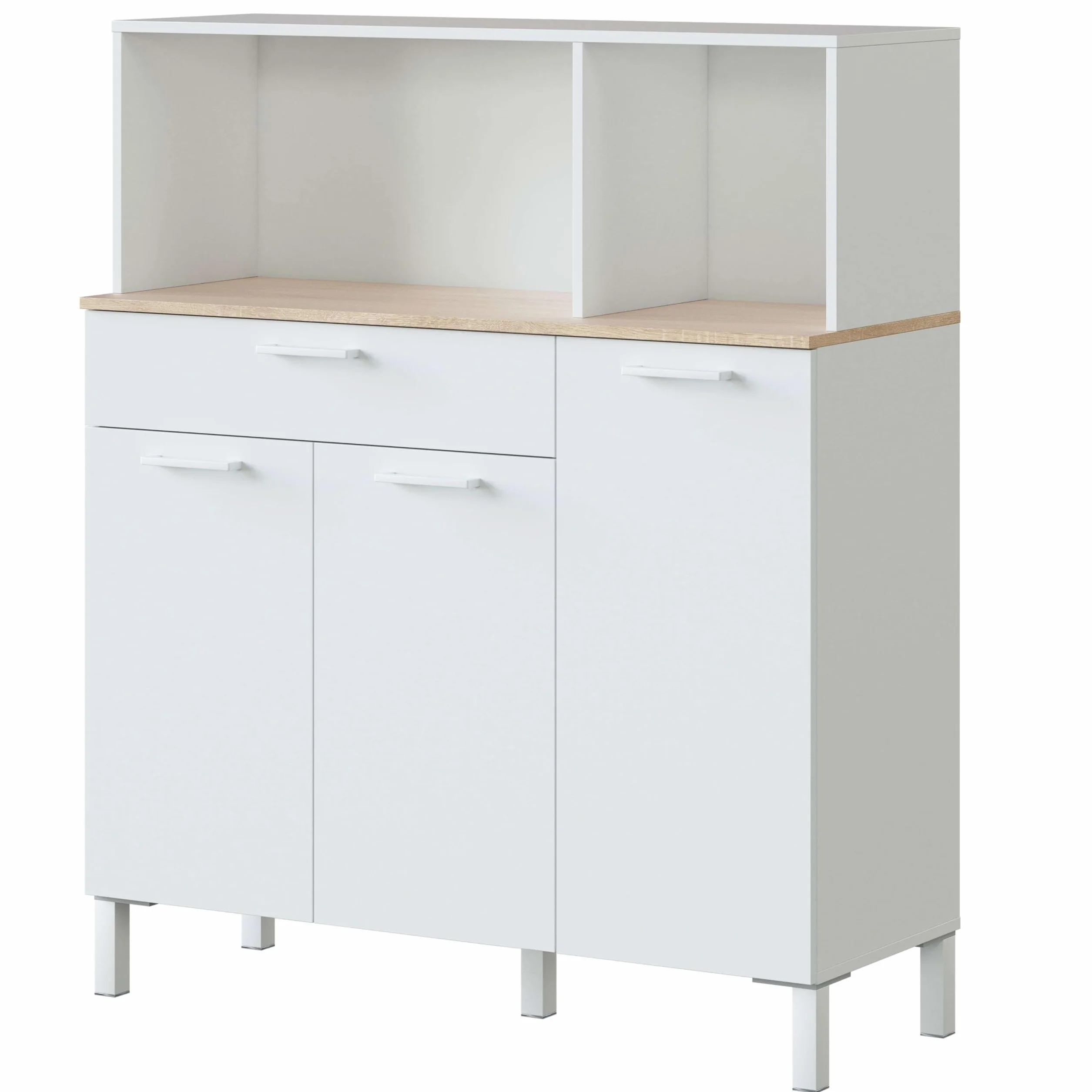 Habitdesign Alacena de Cocina, Aparador Comedor, Mueble Auxiliar 3 Puertas + 1 Cajon y Estante Interior, Color Blanco Artik y Roble Canadian, Medidas: 108 (Ancho) x 126 (Alto) x 40 (Fondo) En cm