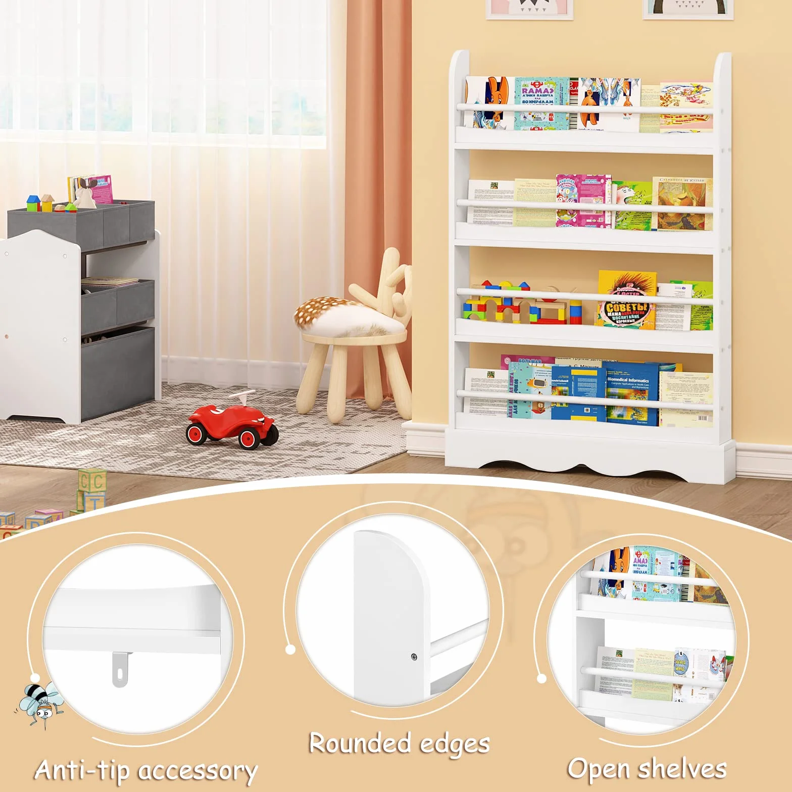 Lestarain Libreria Montessori para Niños, de 4 Estantes para Habitación Infantil, Sala de Juegos y Guarderia, Blanco, 80x12x118 cm