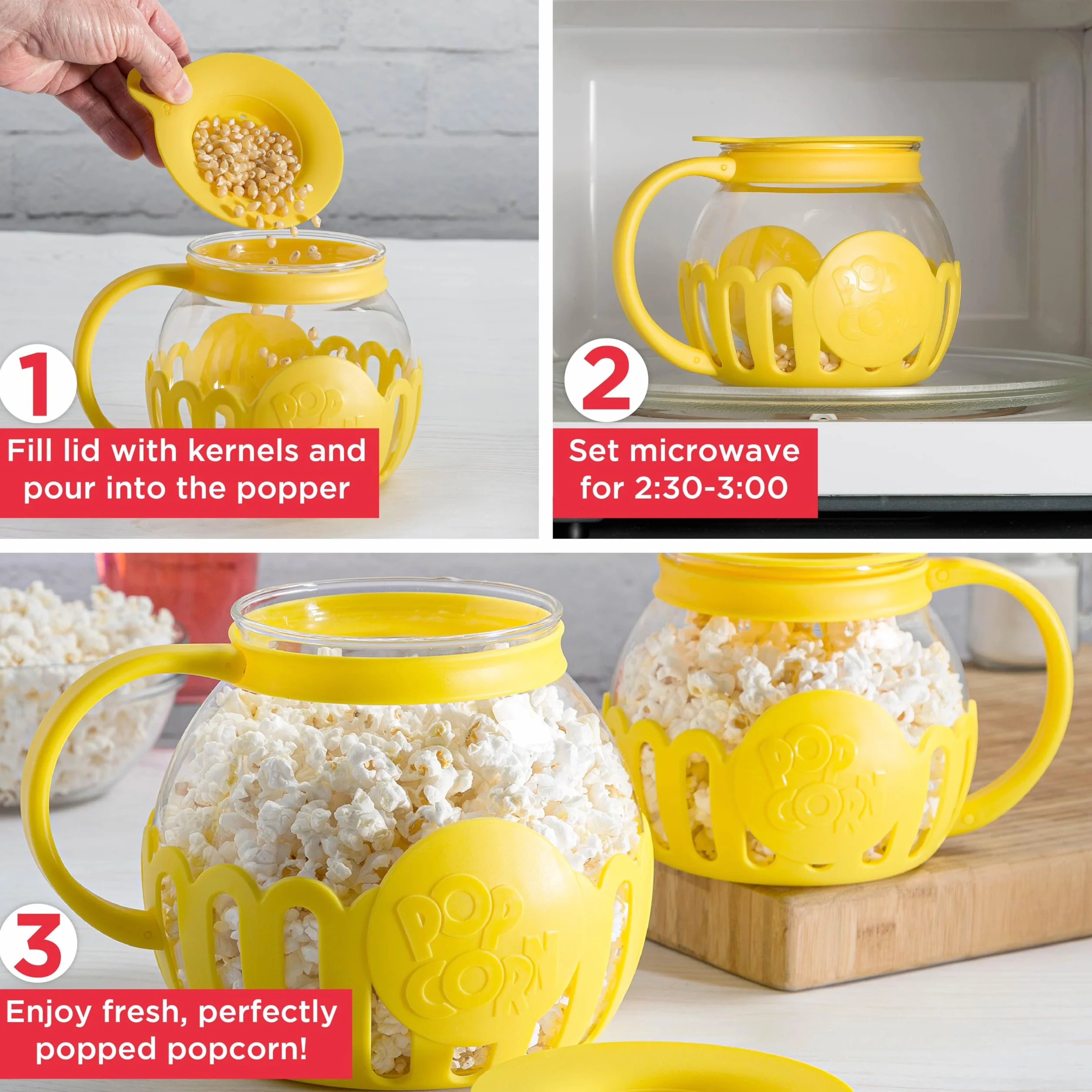 Ecolution Palomitas de maíz micropop patentadas para microondas, vidrio de borosilicato seguro para la temperatura, amarillo