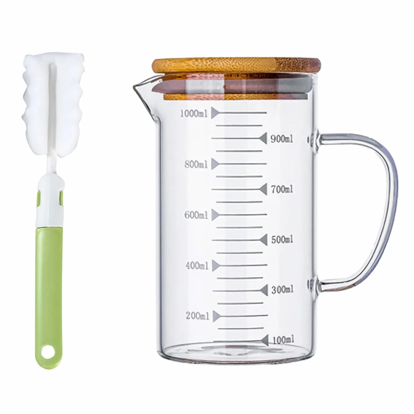 Jarra medidora de vidrio con tapa, vaso graduado con asa, contenedor de almacenamiento de sólidos líquidos, taza medidora con cepillo de limpieza, tazas mezcladoras para hornear bebidas de café, sum