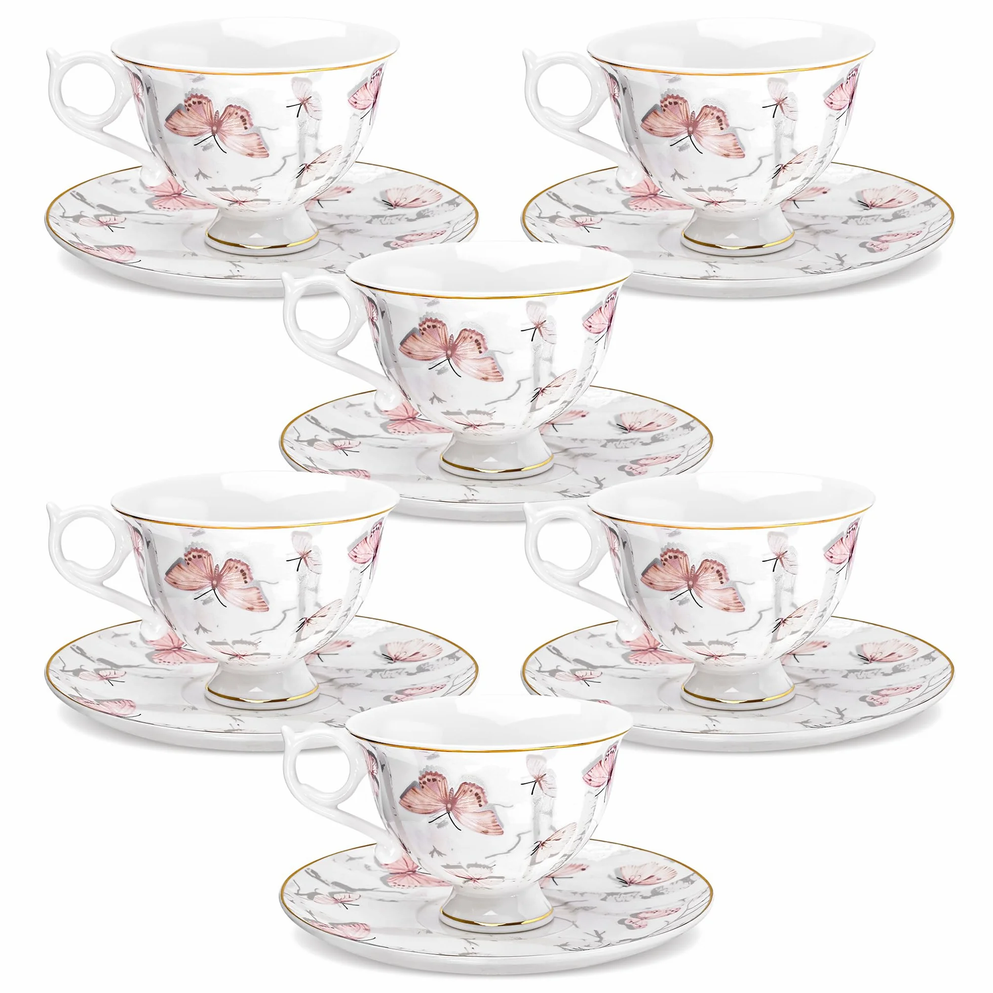 fanquare Conjuntos de Taza y Platillo de Porcelana Fina 180ml Rosa claro,Juegos de 6 Tazas de Café con Patrón Mariposa Vintage y Borde Dorado para Té de la Tarde Regalo y Hogar