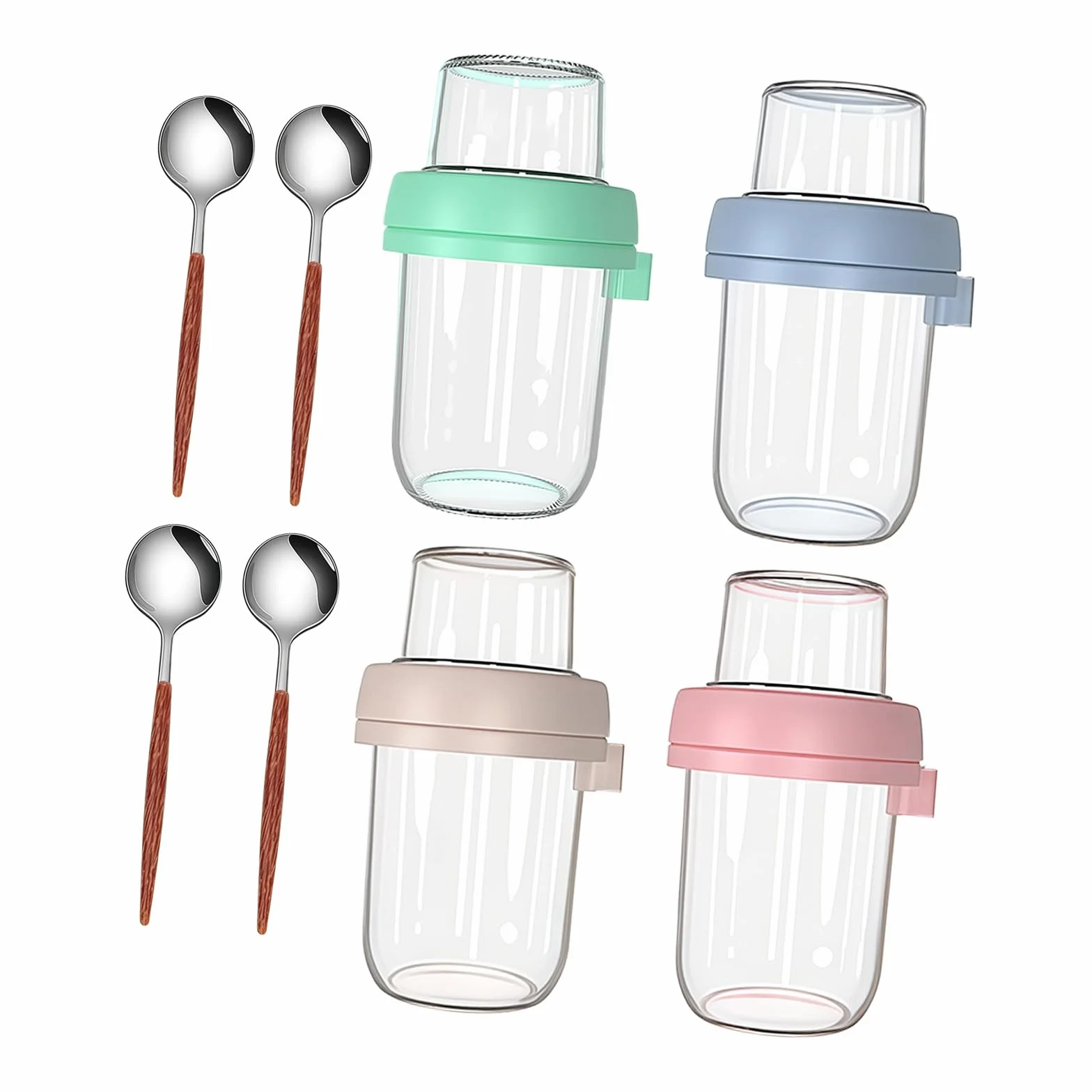 Juego de recipientes de cristal con diseño de compartimiento de capas, cuchara y tapa para bebidas calientes y frías, cuencos de desayuno, juego de vasos de cristal aislados
