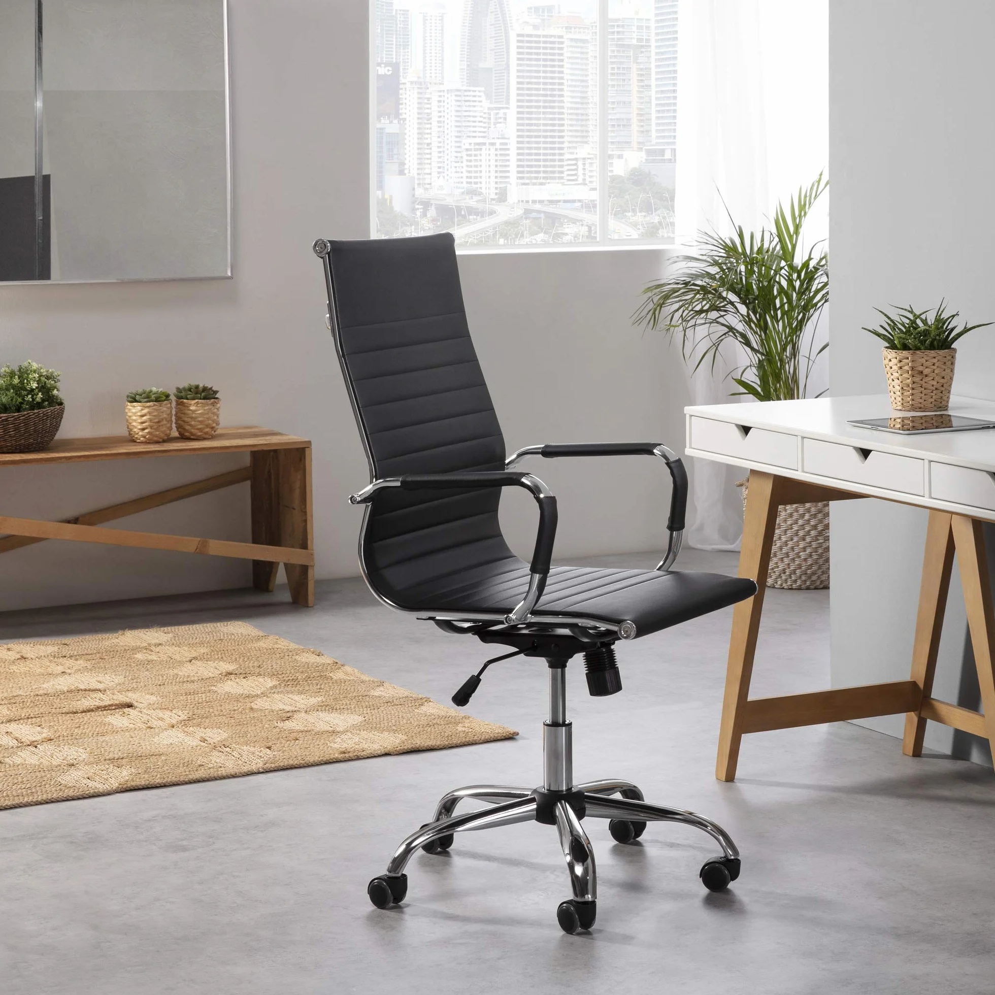 VS Venta-stock Sillón de Oficina Londres reclinable Negro, Piel sintética, Silla ejecutiva con reposacabezas y conjín engrosados, Altura Ajustable, Diseño ergonómico