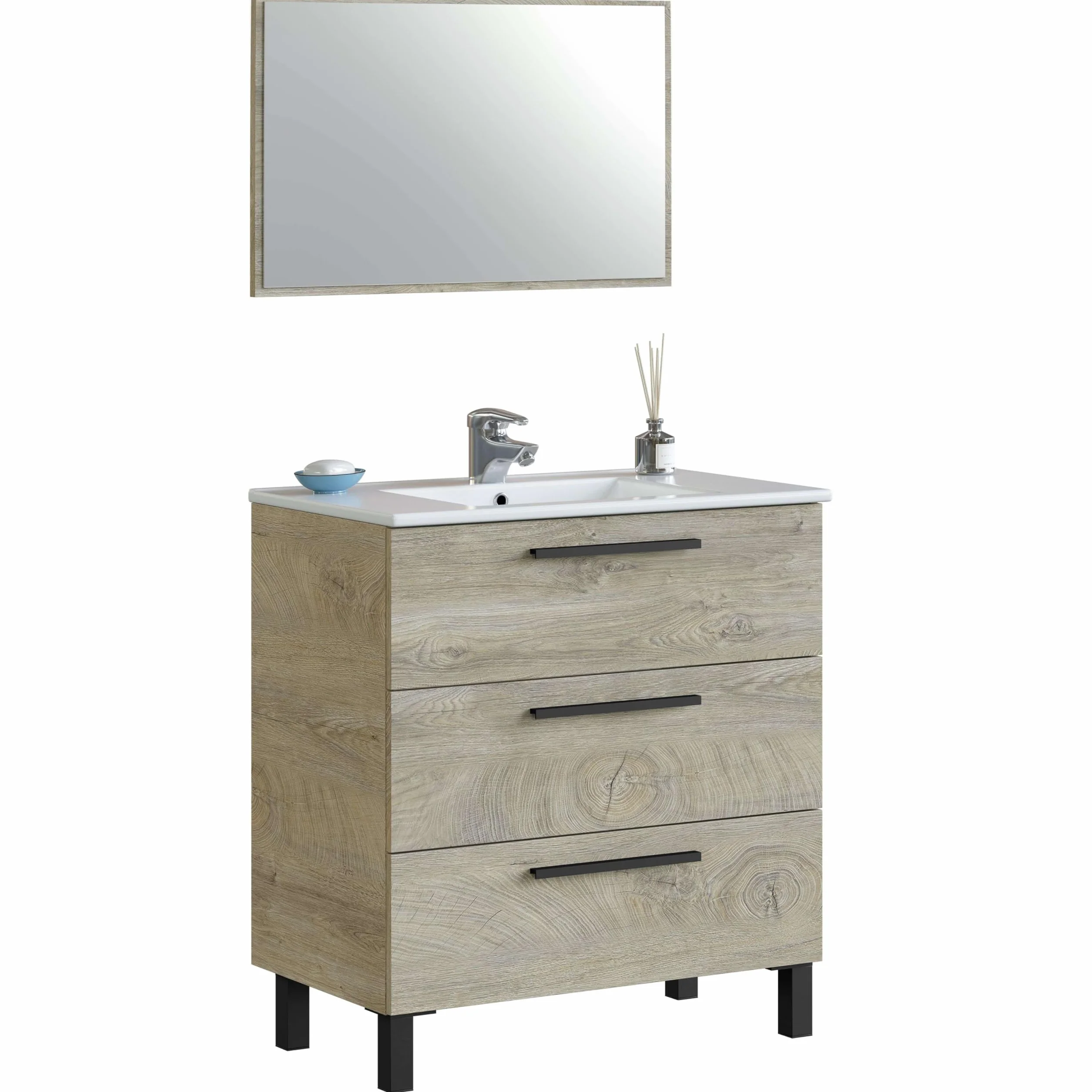 Miroytengo Pack Baño Completo Roble Alaska con Espejo y Lavabo Cerámico