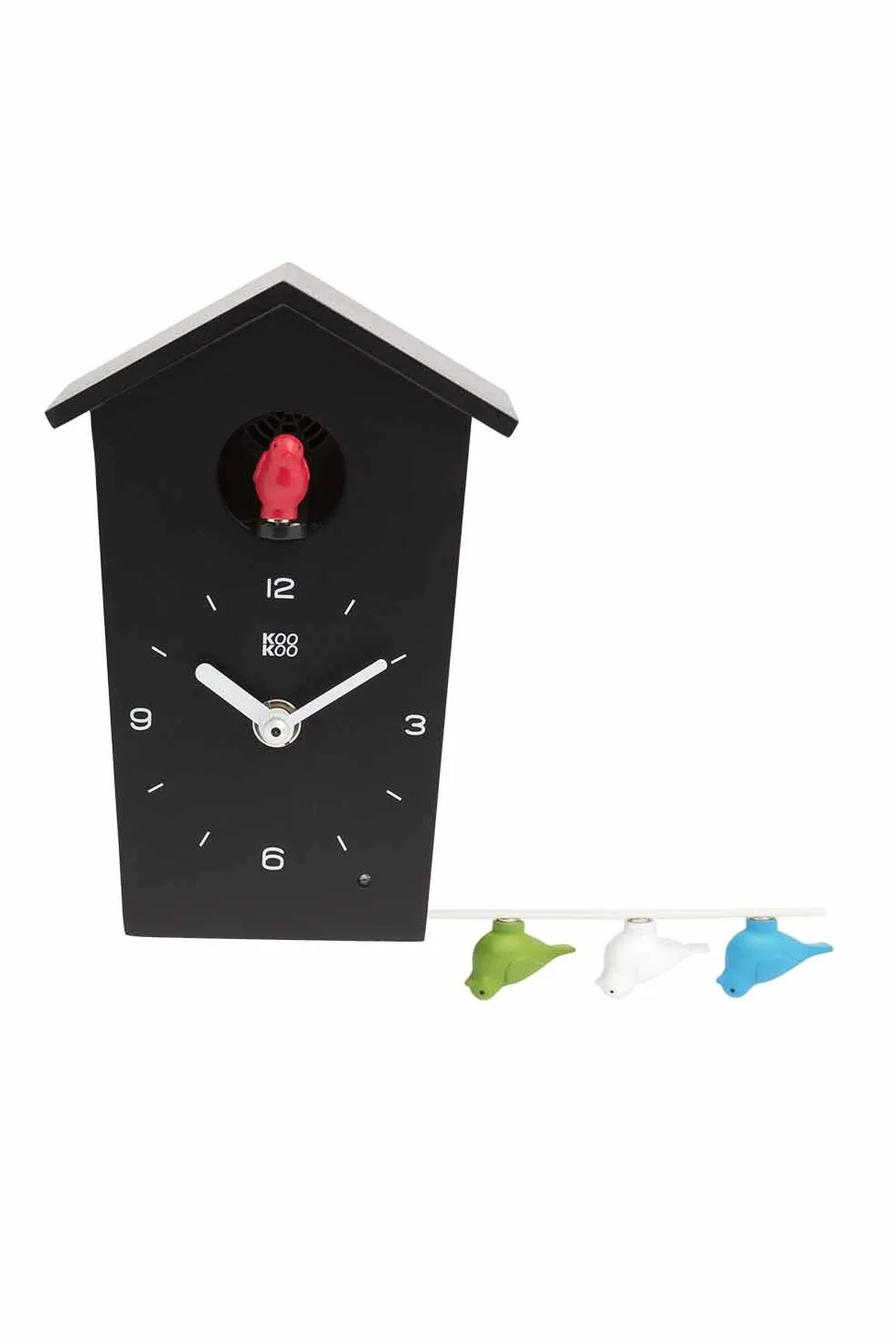 KOOKOO Birdhouse Mini Negro, pequeño Reloj cucu Design Moderno, Sonidos de 12 Aves o Cuco, pájaros cantores