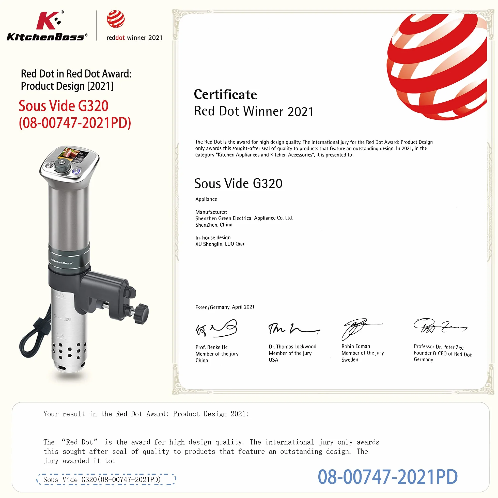 KitchenBoss Sous Vide Roner |1100w |230V |Color LCD |IPX7 Impermeable |Motor CC sin Escobillas |Máquina de Cocción (G320/DE)