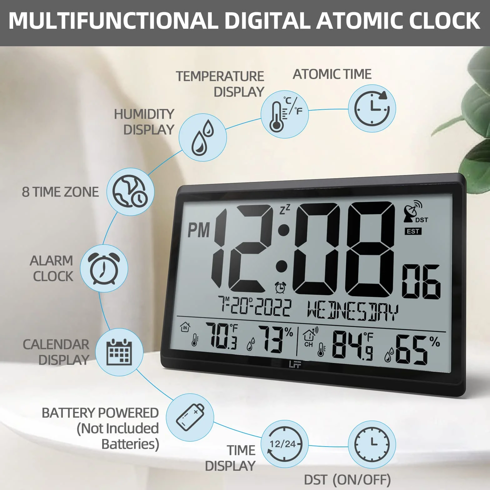 Reloj atómico nunca necesita configuración, funciona con pilas, reloj de pared digital con temperatura y humedad interiorexterior, sensor inalámbrico para exteriores, reloj de pared atómico con