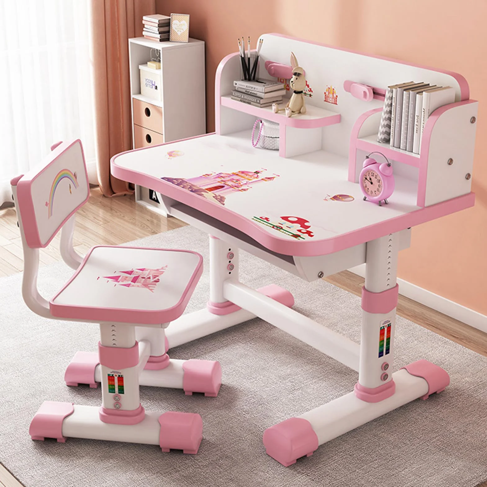 Mesa Escritorio Infantil con Silla y Estantería - Set de Estudio para Niños 3-18 Años Ajustable en Altura, con Diseño de Cómic, Pizarra Grande y Organizador de Libros (Rosa)