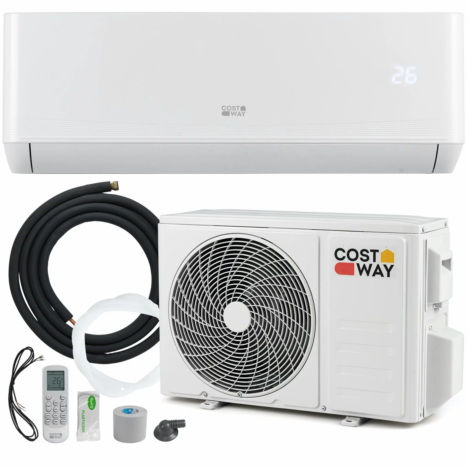 COSTWAY Aire Acondicionado Split, 3,4 kW,Aire Acondicionado Inverter con Calefacción con Bomba de Calor,Refrigerante: R32,Calefactor y Refrigerador con Kit de Montaje para Habitación 70m³(12000BTU)