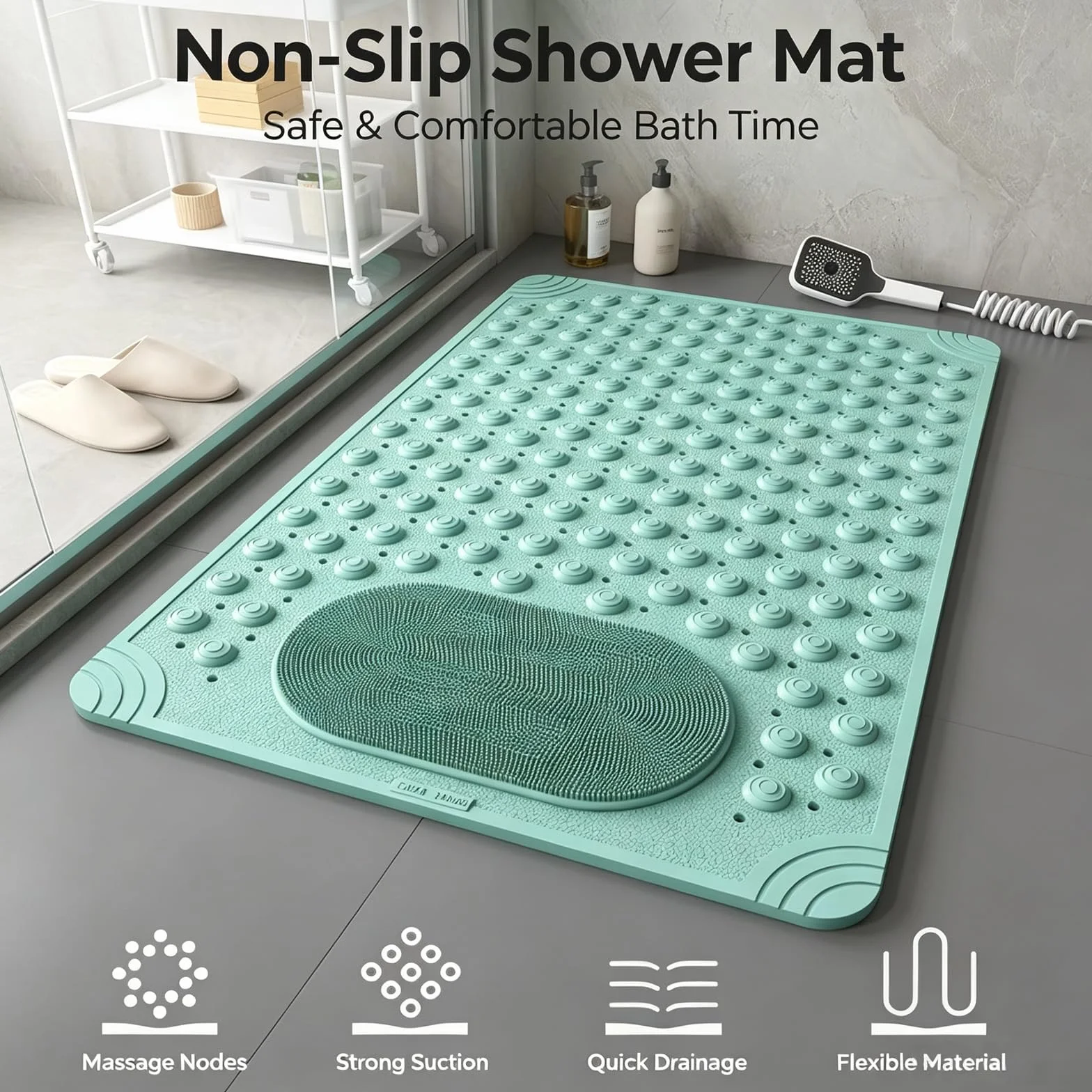 Antideslizante para Ducha material TPE ecológico Alfombra Bañera 36.5x69/50x80/59x89cm potente ventosa con Drenaje Enrollable Secado Cuenta con una zona cepillado cerdas suaves suelos encharcados