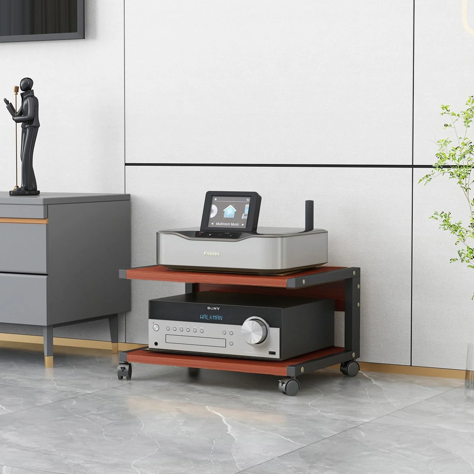 Mueble Equipo Hifi Con Ruedas Universales,Torre De 2 Niveles Estantes For Amplificadores De Parlantes For Tocadiscos,Soporte De Mdf Estante De Audio Estante De Almacenamiento De Componentes Estéreo(Re