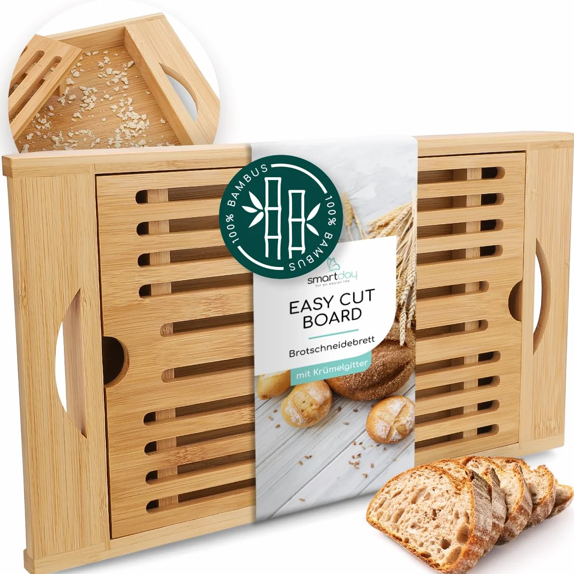 Tabla de cortar pan con bandeja para migajas de madera de bambú – Tabla de cortar con rejilla para migas I Tabla de cortar para pan, baguette y panecillos, tabla de servir
