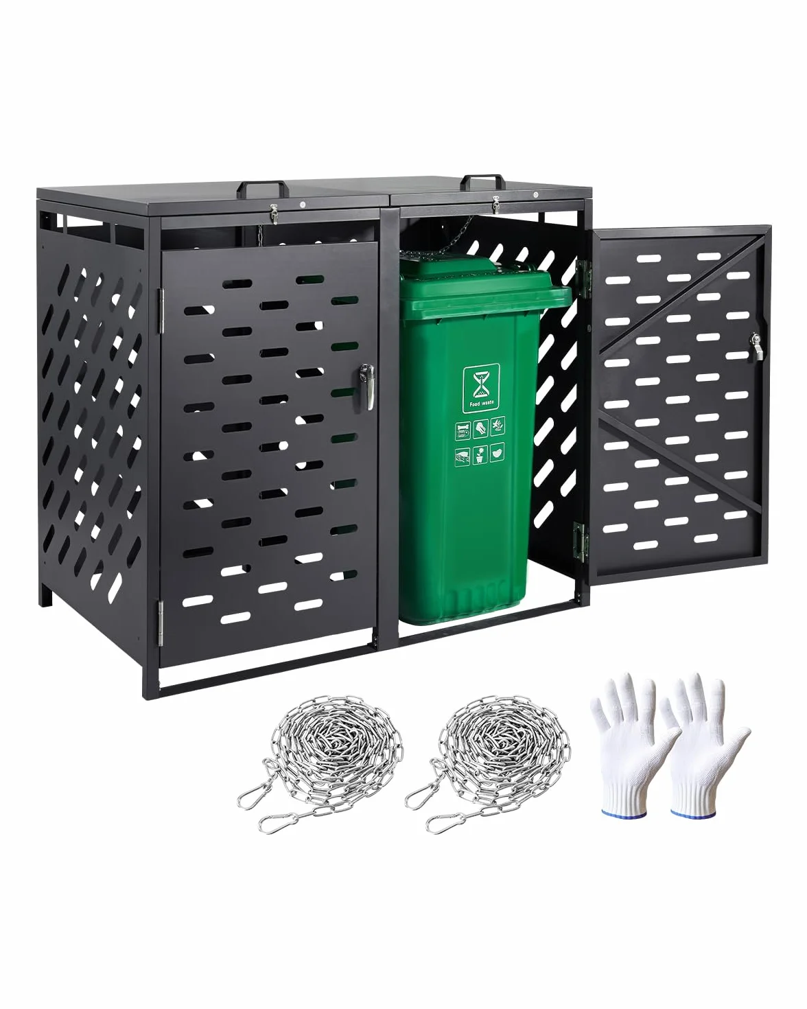 VEVOR Botes de Basura para Exteriores de 2 x 240 L, Armario de Almacenamiento Horizontal Impermeable con Tapa de Cadena, Bote de Basura con Cerradura para Jardín, Patio y Terraza, Gris Oscuro