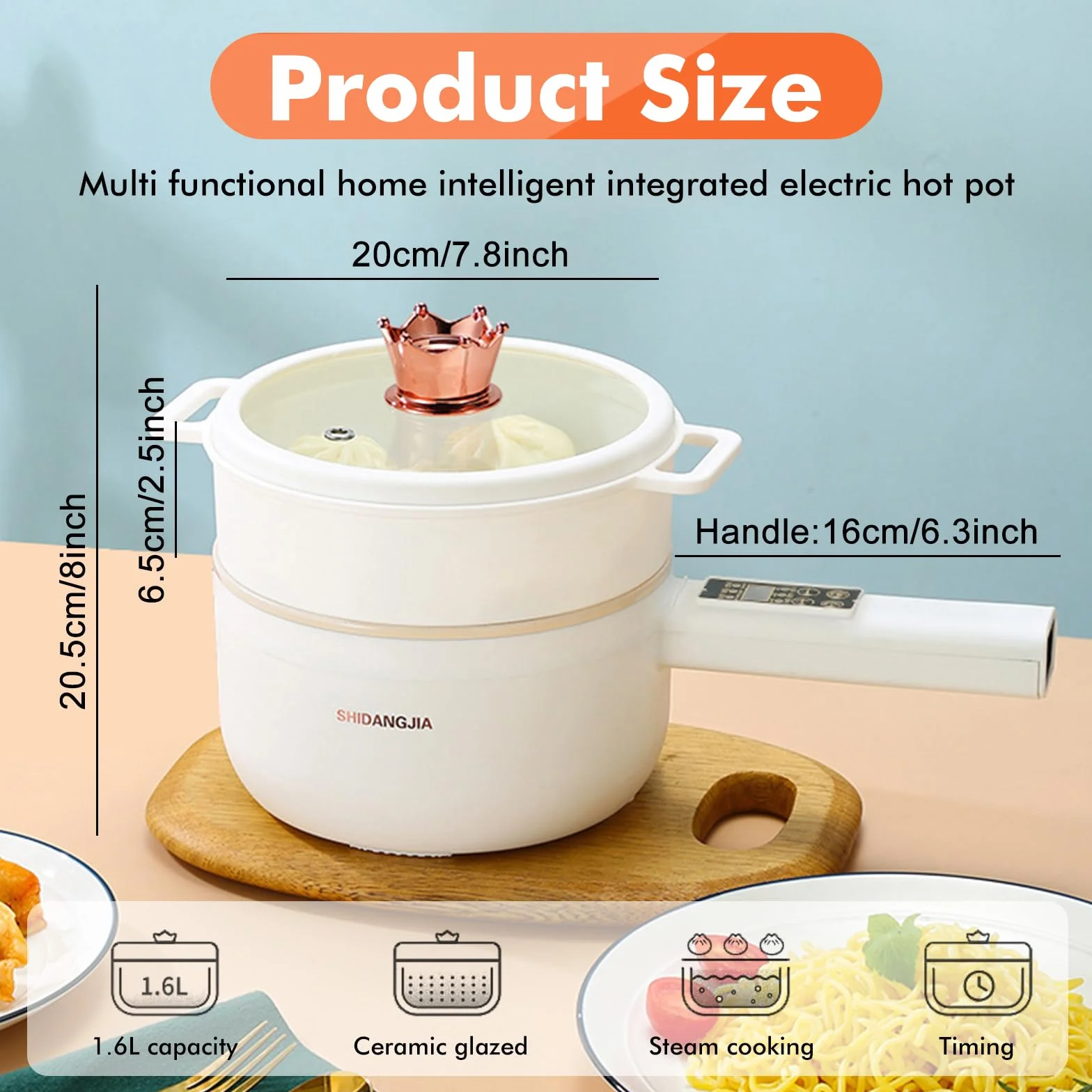 Olla eléctrica 1.6 L mini multicocina antiadherente con vaporizador y programación para ramen rápido