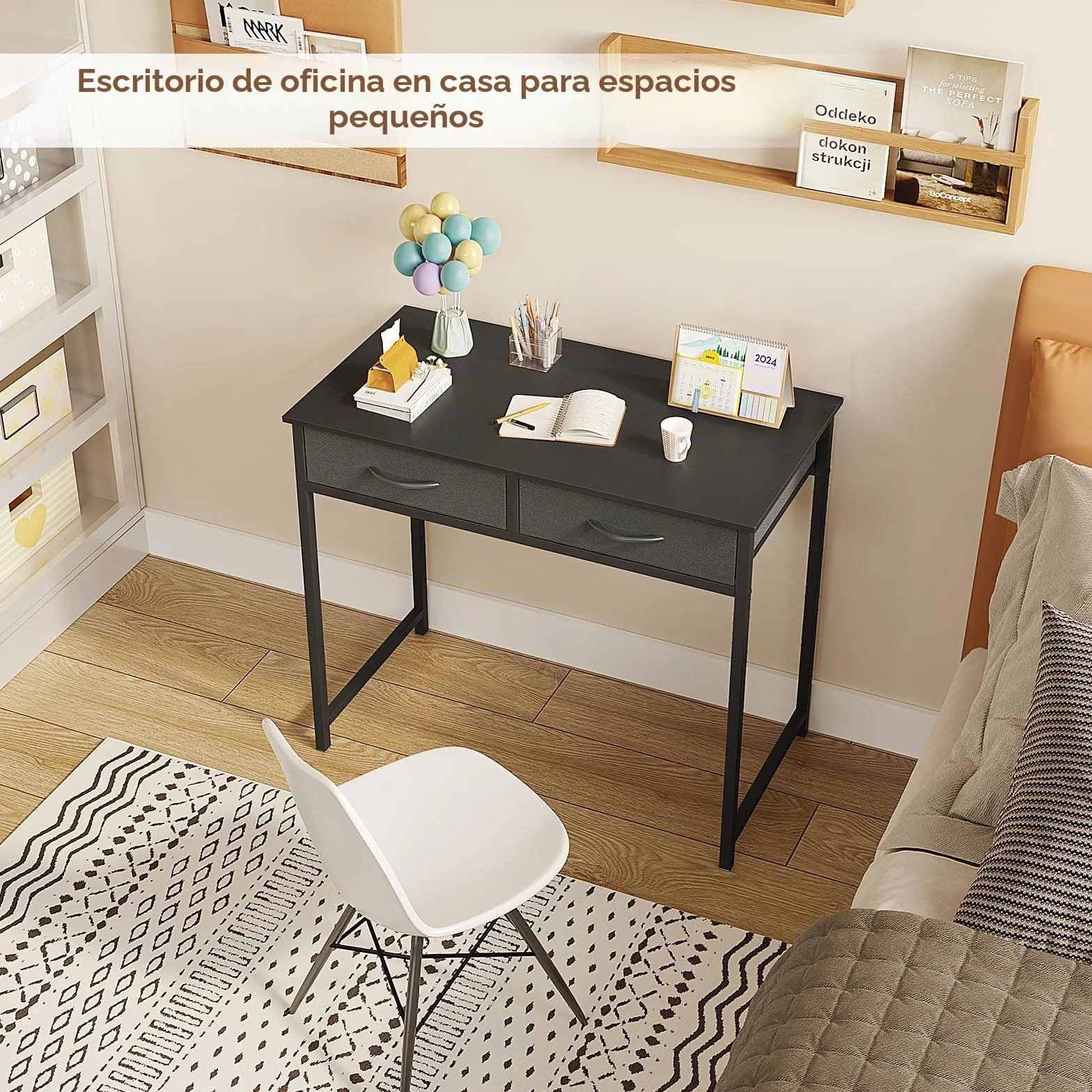 WOHOMO Escritorio pequeño para computadora con cajones, escritorio negro de 31.5 pulgadas con almacenamiento, escritorios de computadora de oficina en casa para espacios pequeños, mesa de estudio de