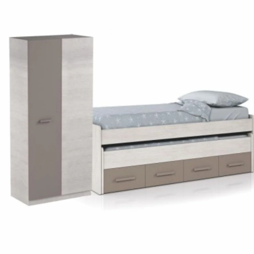 Mobelcenter, Dormitorio Juvenil Ares, Conjunto Dormitorio Infantil Juvenil Color Blanco Alpes y Basalto, Cama Nido con 2 Cajones y Armario 2 Puertas con Barra de Colgar y 2 estantes (P0015)