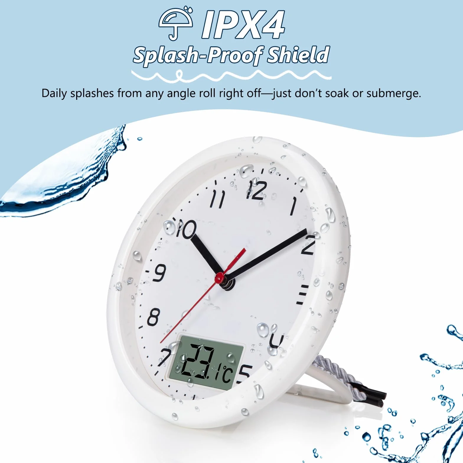 VIVILINEN Reloj de baño con indicador de temperatura 17 cm silencioso resistente a la humedad