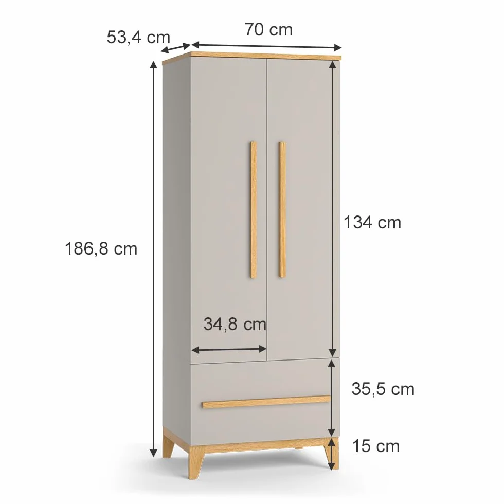 VitaliSpa Armario Infantil Malia, Roble Cachemira, 70 x 186.8 cm, para Guardar Ropa Infantil y combinable