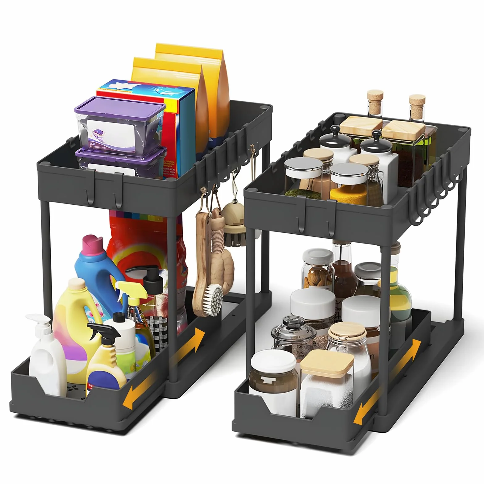 Organizador Cocina 2 Niveles para Debajo del Fregadero - Estante Almacenamiento Extraíble con 16 Ganchos, Negro