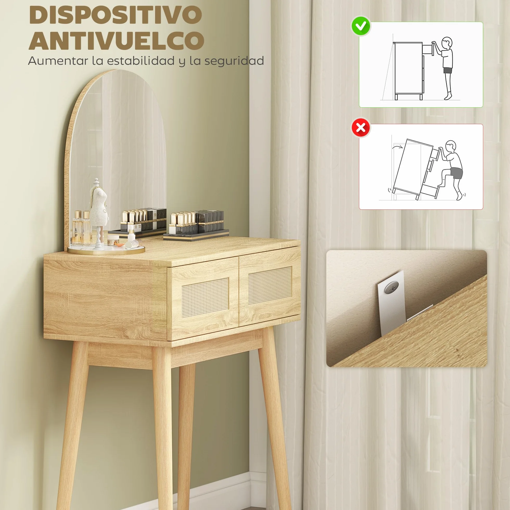 HOMCOM Tocador con Espejo Arqueado, Mesa de Maquillaje Moderna con 2 Cajones con Frontal de Ratán, Tocador de Maquillaje para Dormitorio, Espacios Pequeños, Natural