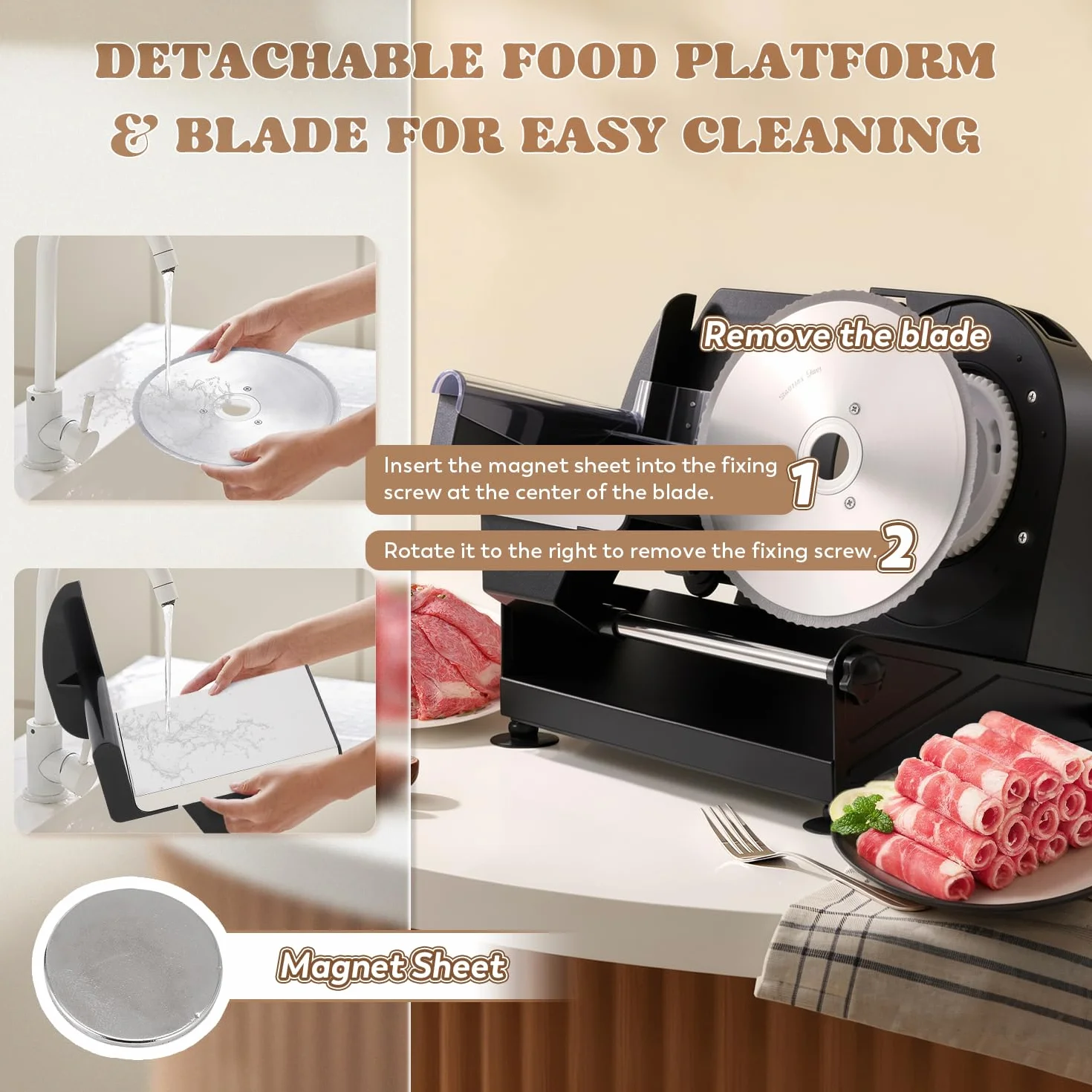 Moongiantgo Cortadora de Fiambre Casa Cortafiambres Eléctrico Profesional con 2x Cuchilla de Acero Inox Extraíble, Ø185mm, Regulador de Grosor 1-20mm, para Pan/Corte Jamon/Carne/Queso/Embutido (220W)