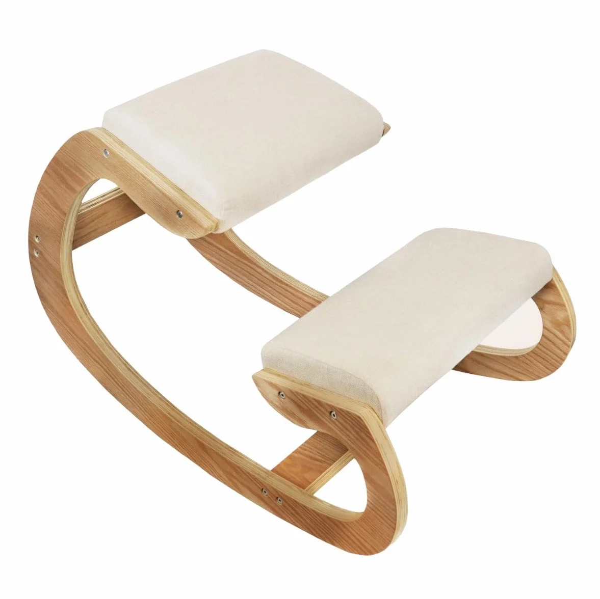 Silla ergonómica de madera de roble blanco de lino, cojín acolchado de 8 cm de grosor, para oficina, hogar, mecedora, postura ortopédica, soporte para la rodilla, soporta hasta 120 kg de capacidad,