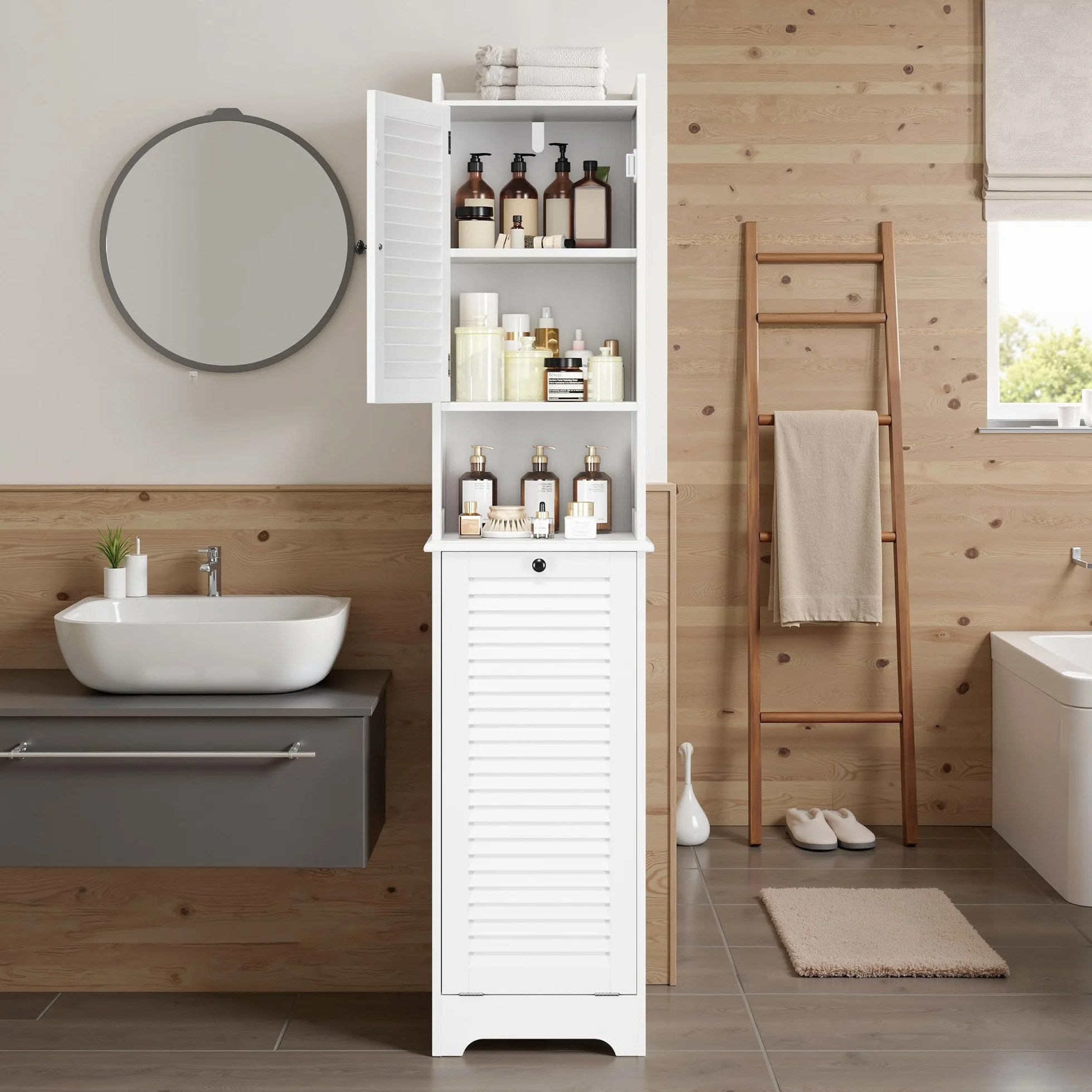 Xbro Mueble Baño con Cesto para Ropa, Armario Columna con Estantería y Puerta con Balda Ajustable, para Baño Pequeño, 40 x 170 x 37 cm, Blanco