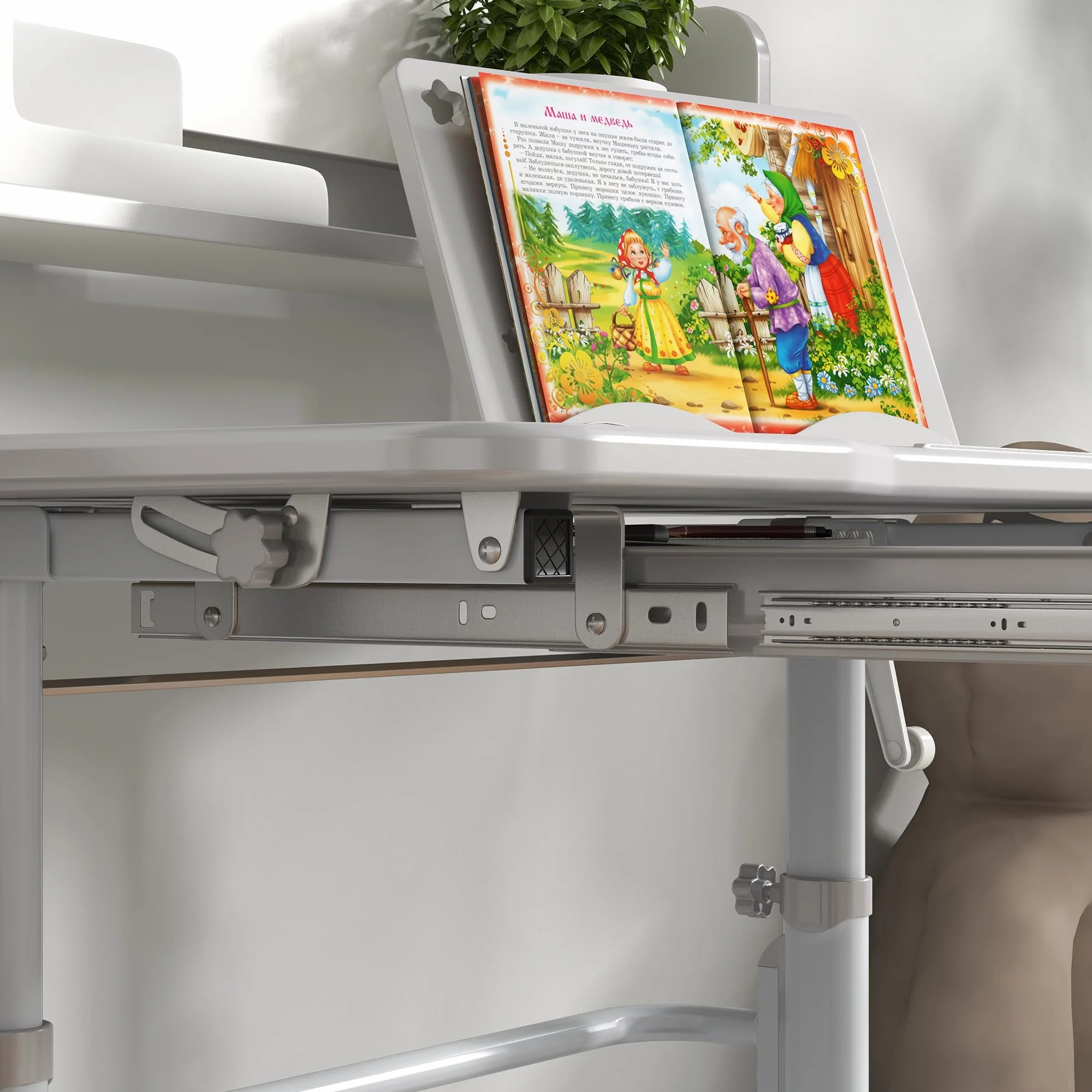 ZONEKIZ Juego de Escritorio y Silla para Niños 6-12 Años Pupitre Infantil Altura Ajustable con Cajón y Estante 80x54,5x82-104 cm Gris Blanco