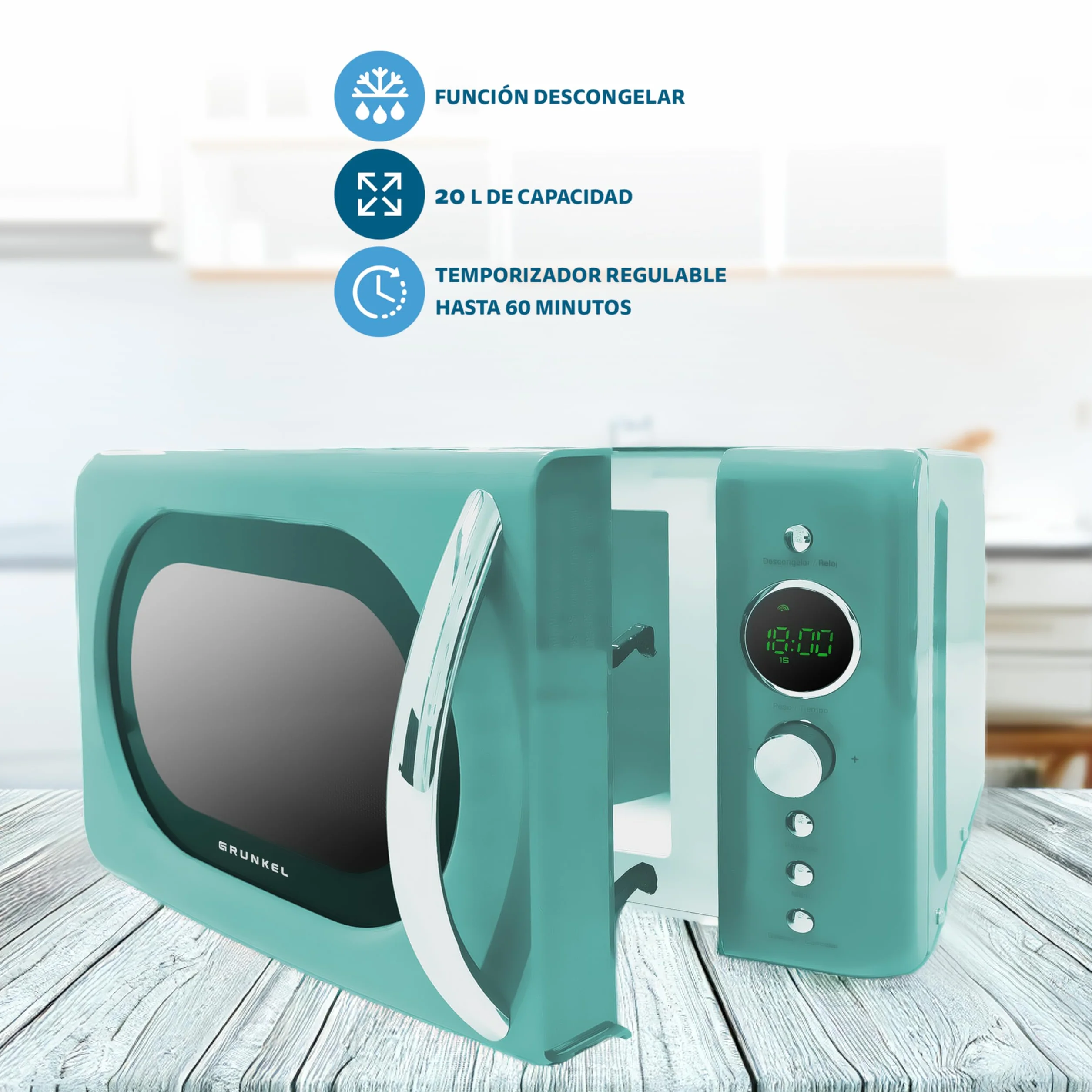 Grunkel Microondas Digital 20L 700W Vintage 6 Niveles Potencia Cocción Rápida Temporizador 60 min (Azul Agua)
