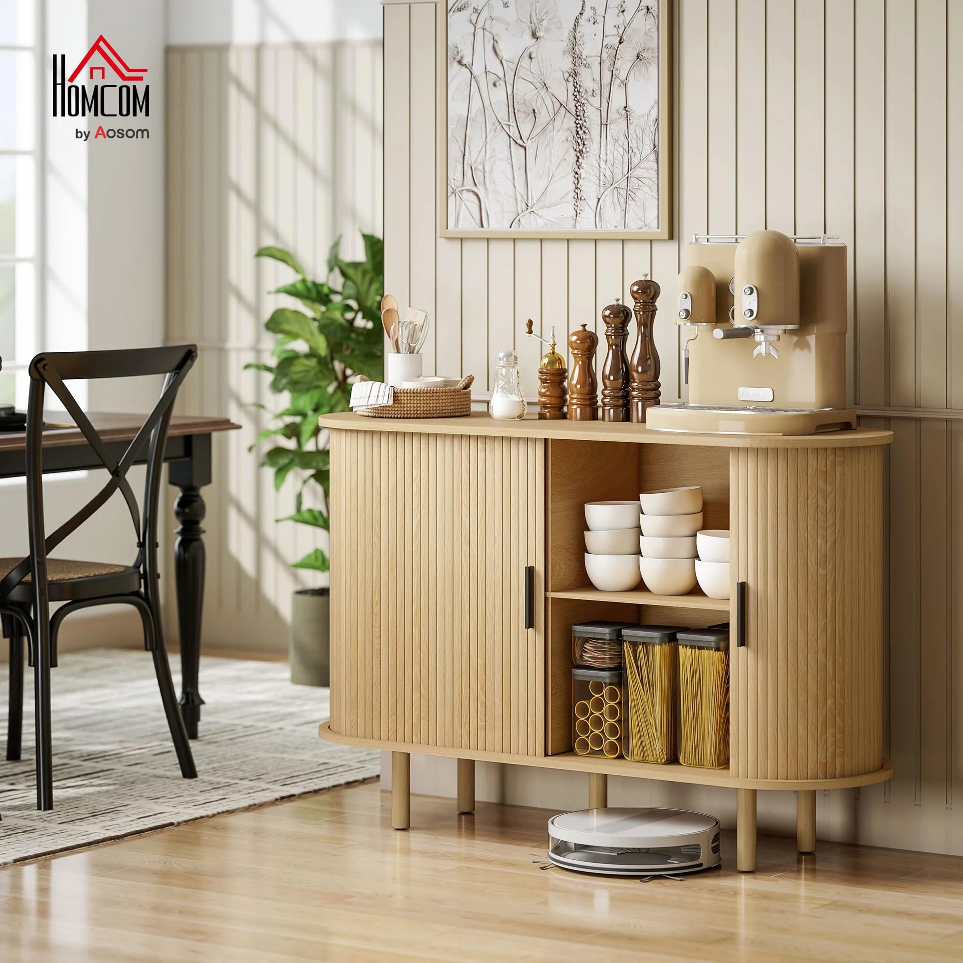 HOMCOM Aparador con Puertas Tambour Deslizantes, 4 Compartimentos, Patas de Madera, Roble, 120x40x78 cm