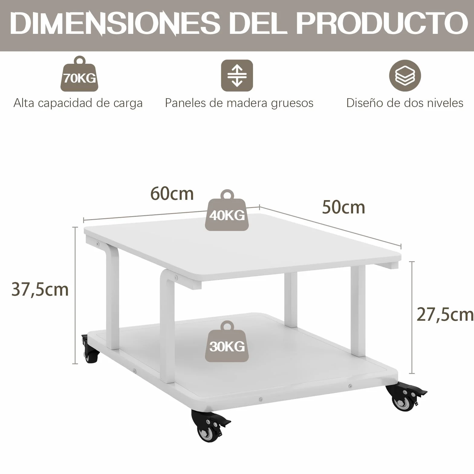 PUNCIA Carro Impresora de 2 Niveles 60 x 50 cm para Oficina Hogar Escuela | mesa soporte impresora blanco carro organizador documentos mueble con estantes para archivos y equipos de oficina