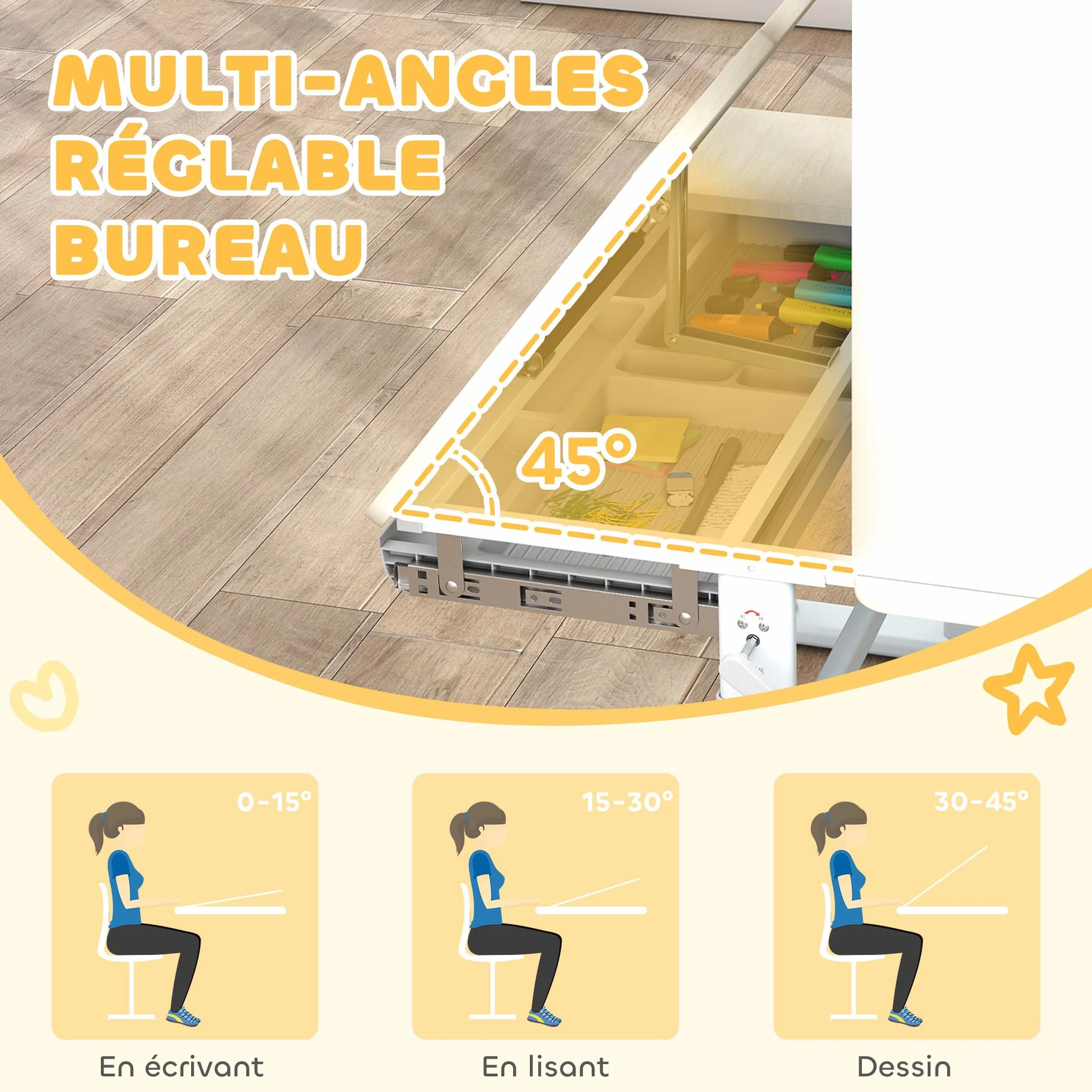AIYAPLAY Escritorio infantil, mesa de estudio regulable en altura con tablero basculante, conejera, cajón, estante de almacenamiento, panel perforado, para leer, dibujar, estudiar, de 3 a 12 años,