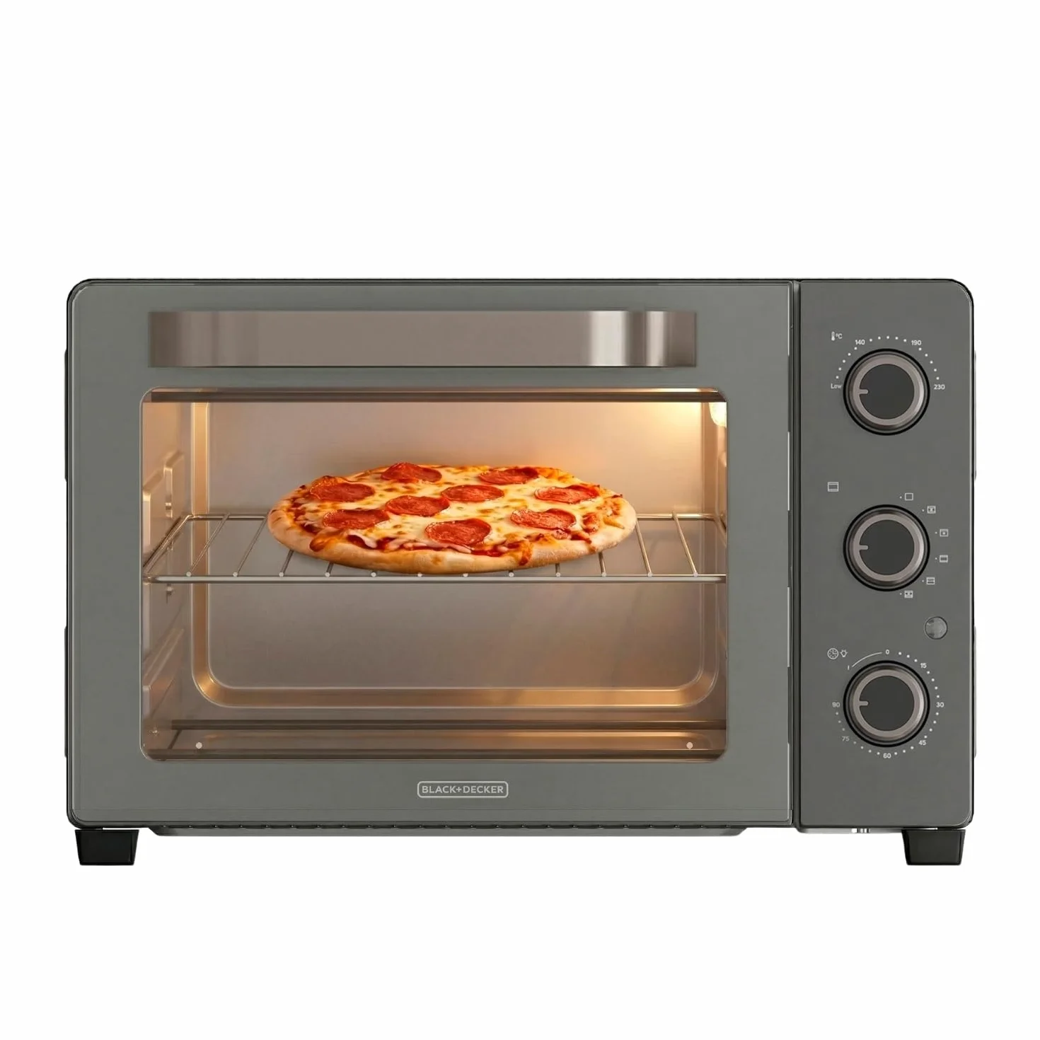 Black+Decker – Horno de sobremesa eléctrico BXOV3000E | 1500W | 30L | Grill | Superior | Convección | Timer 90 min | STAY ON | Doble cristal | Luz interior | Bandeja recogemigas | Rustidor