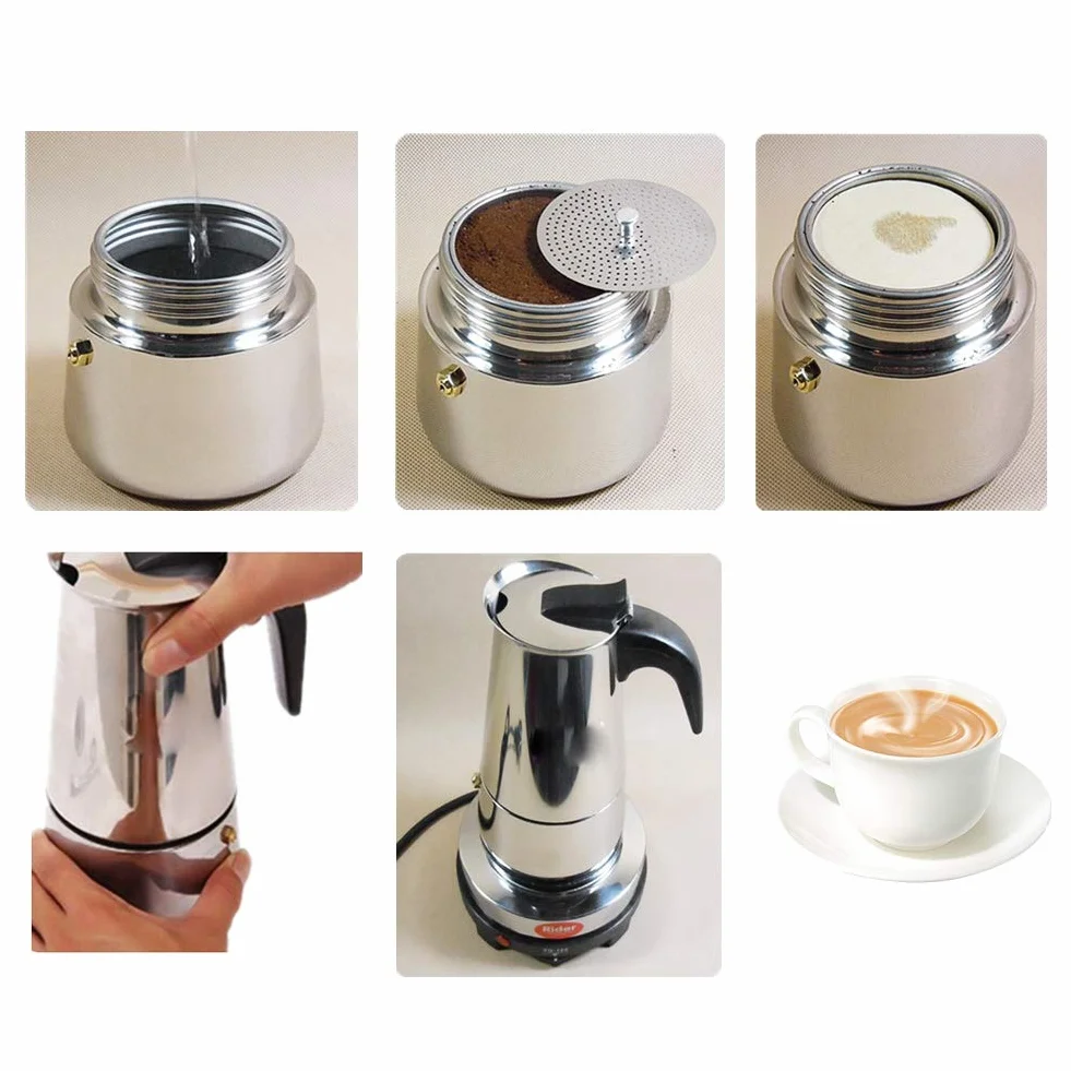 Ymiko Estufa de café eléctrica de acero inoxidable de 450 ml, juego de calentador para hacer tazas de café expreso, enchufe de la UE 220-240 V | Filtro uniforme para extracción rica y sabor óptimo, sello de silicona antifugas, compatible con gas y eléctri