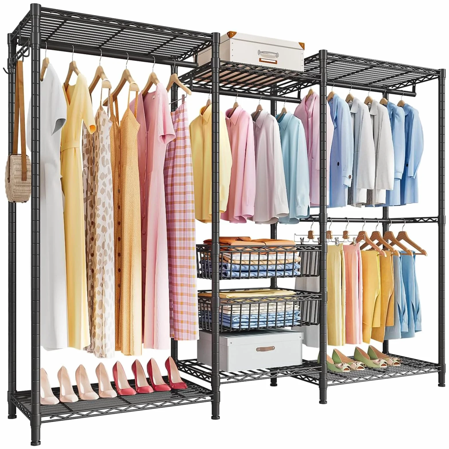 Perchero Metálico de 4 Niveles, Riel para Ropa de Alta Resistencia con Estantes, Carga Máxima 500 lbs, Organizador Grande para Ropa, Negro