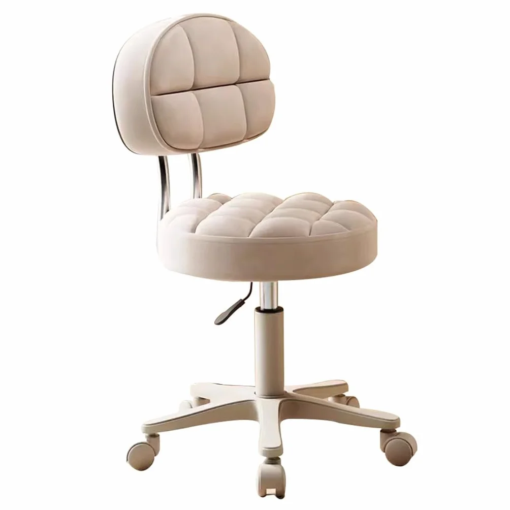 Silla De Tocador con Ruedas, Taburetes Redondos con Respaldo, Silla De Oficina Elevadora De Cuero PU (Color : Beige, Size : 46 * 73-82cm)